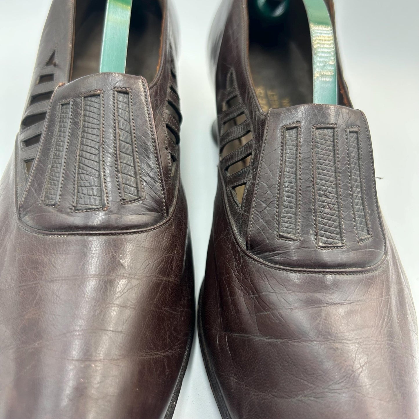 Edwardian 1910s brown Leather Shoes with Cut out Design & faux lizard inserts by J. Jacques