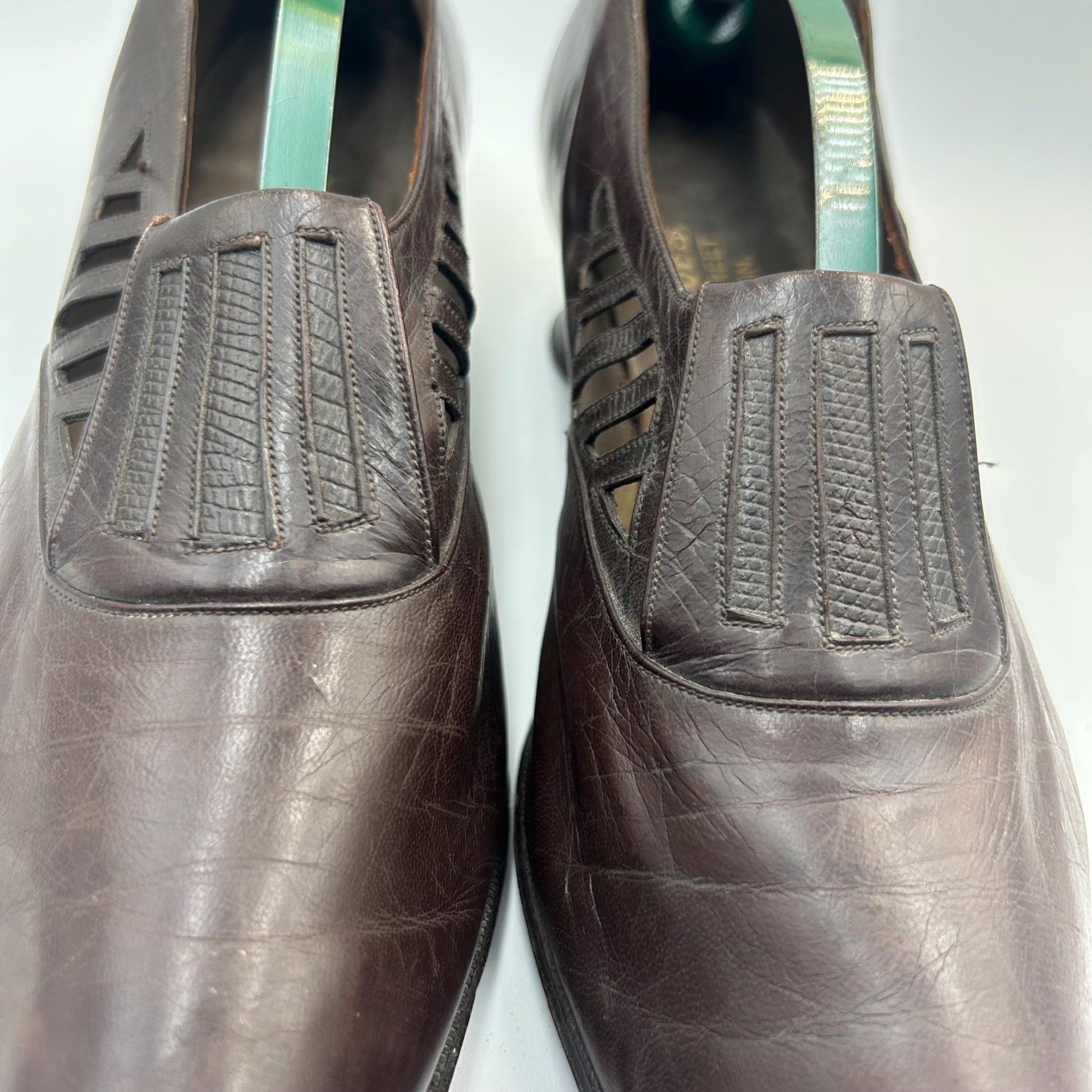 Edwardian 1910s brown Leather Shoes with Cut out Design & faux lizard inserts by J. Jacques