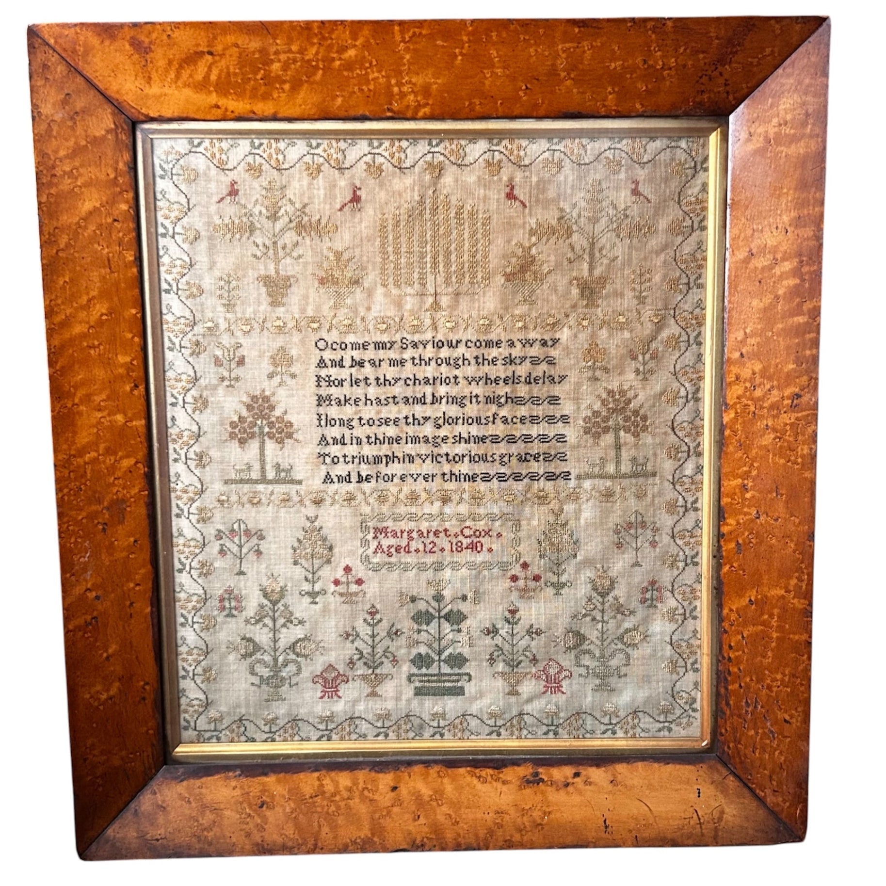 Finely embroidered religious text sampler dated 1840 in maple frame by Margaret Cox aged 12 - Splendid Vintage World