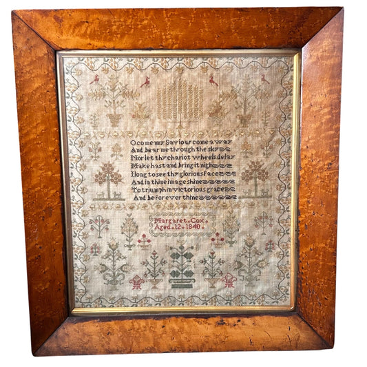 Finely embroidered religious text sampler dated 1840 in maple frame by Margaret Cox aged 12 - Splendid Vintage World