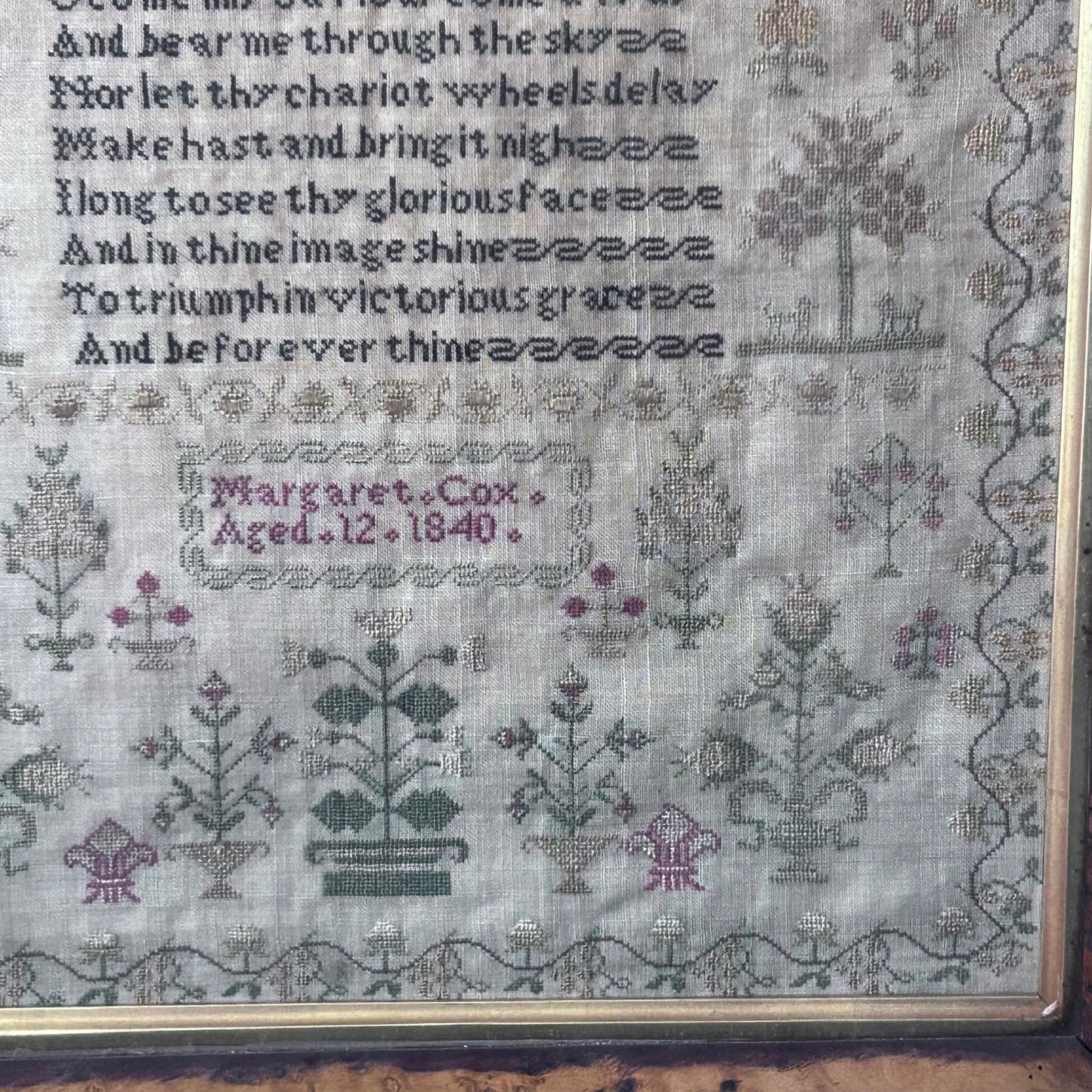 Finely embroidered religious text sampler dated 1840 in maple frame by Margaret Cox aged 12 - Splendid Vintage World