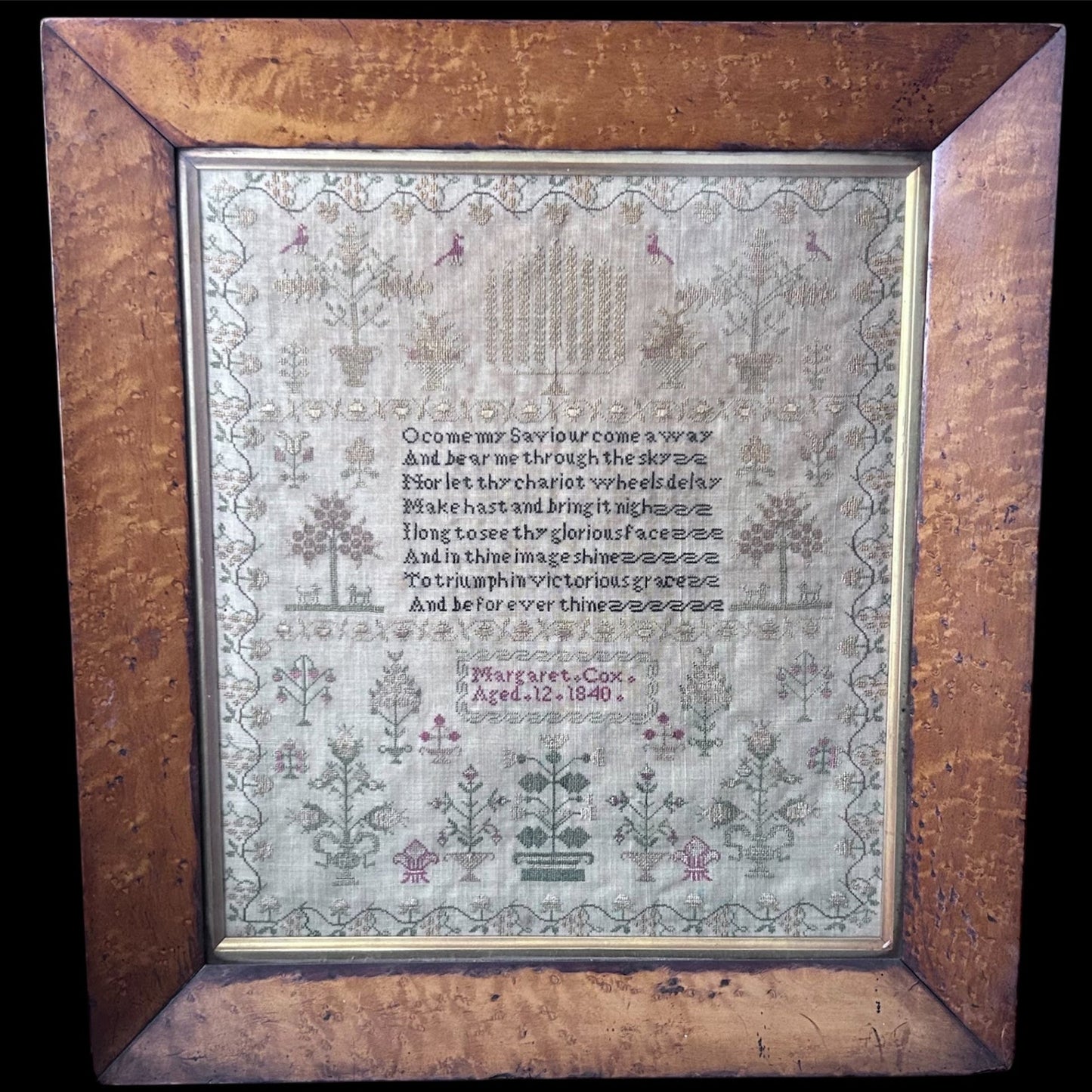 Finely embroidered religious text sampler dated 1840 in maple frame by Margaret Cox aged 12 - Splendid Vintage World