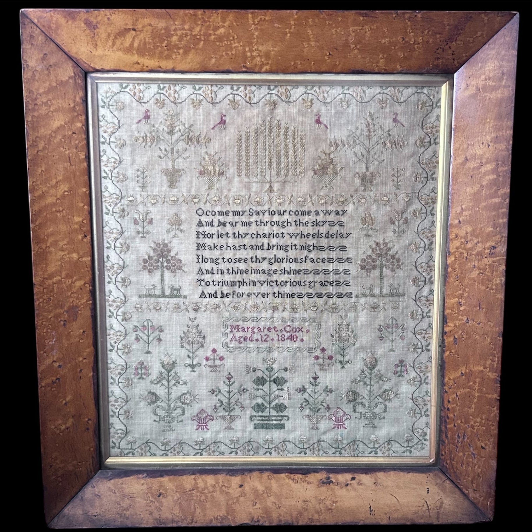 Finely embroidered religious text sampler dated 1840 in maple frame by Margaret Cox aged 12 - Splendid Vintage World