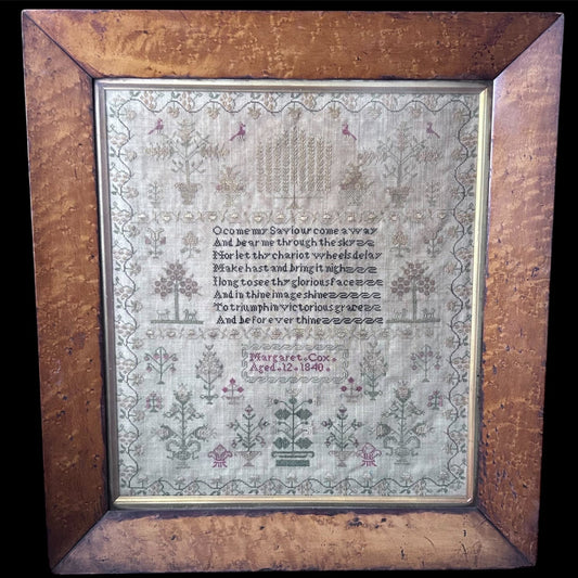 Finely embroidered religious text sampler dated 1840 in maple frame by Margaret Cox aged 12 - Splendid Vintage World