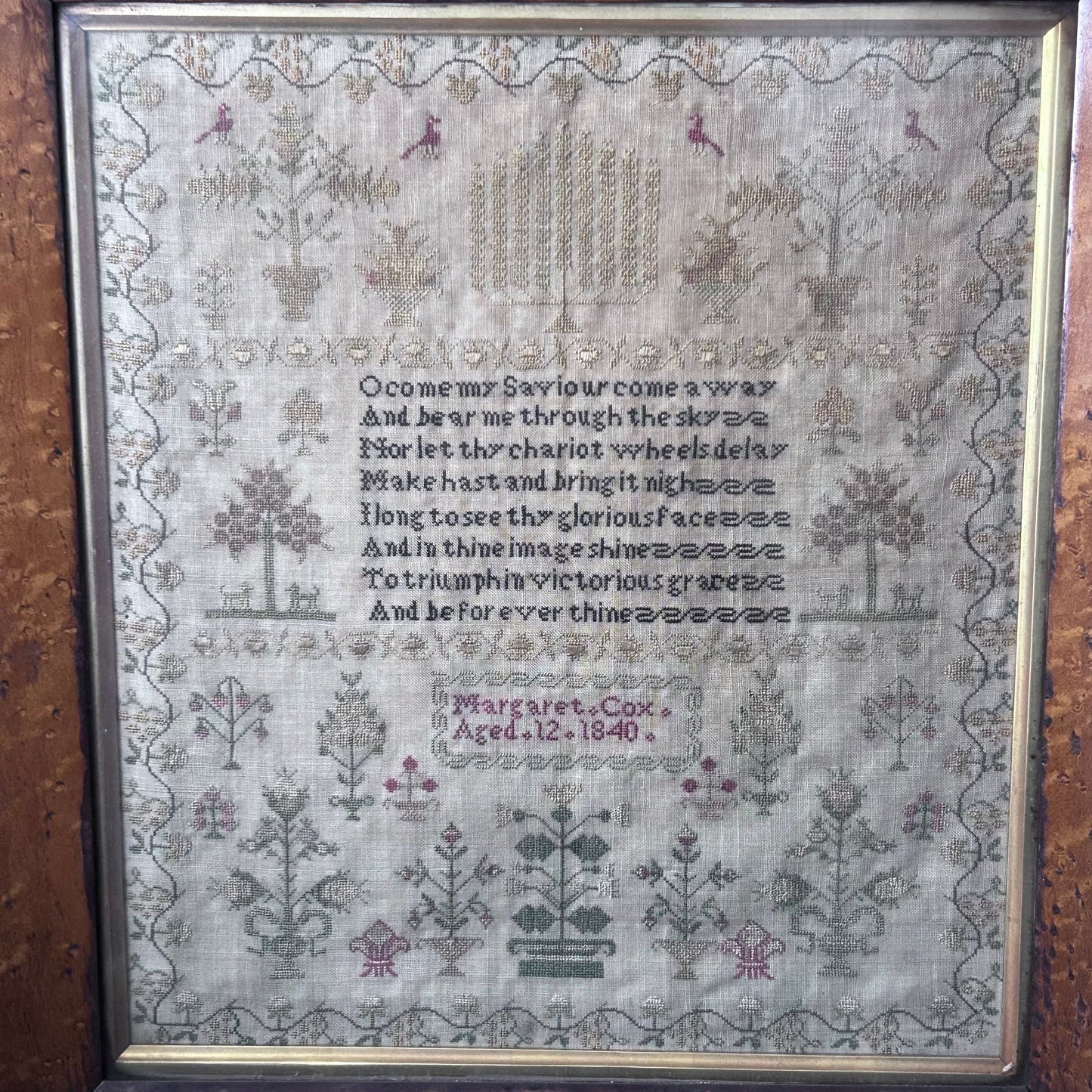 Finely embroidered religious text sampler dated 1840 in maple frame by Margaret Cox aged 12 - Splendid Vintage World