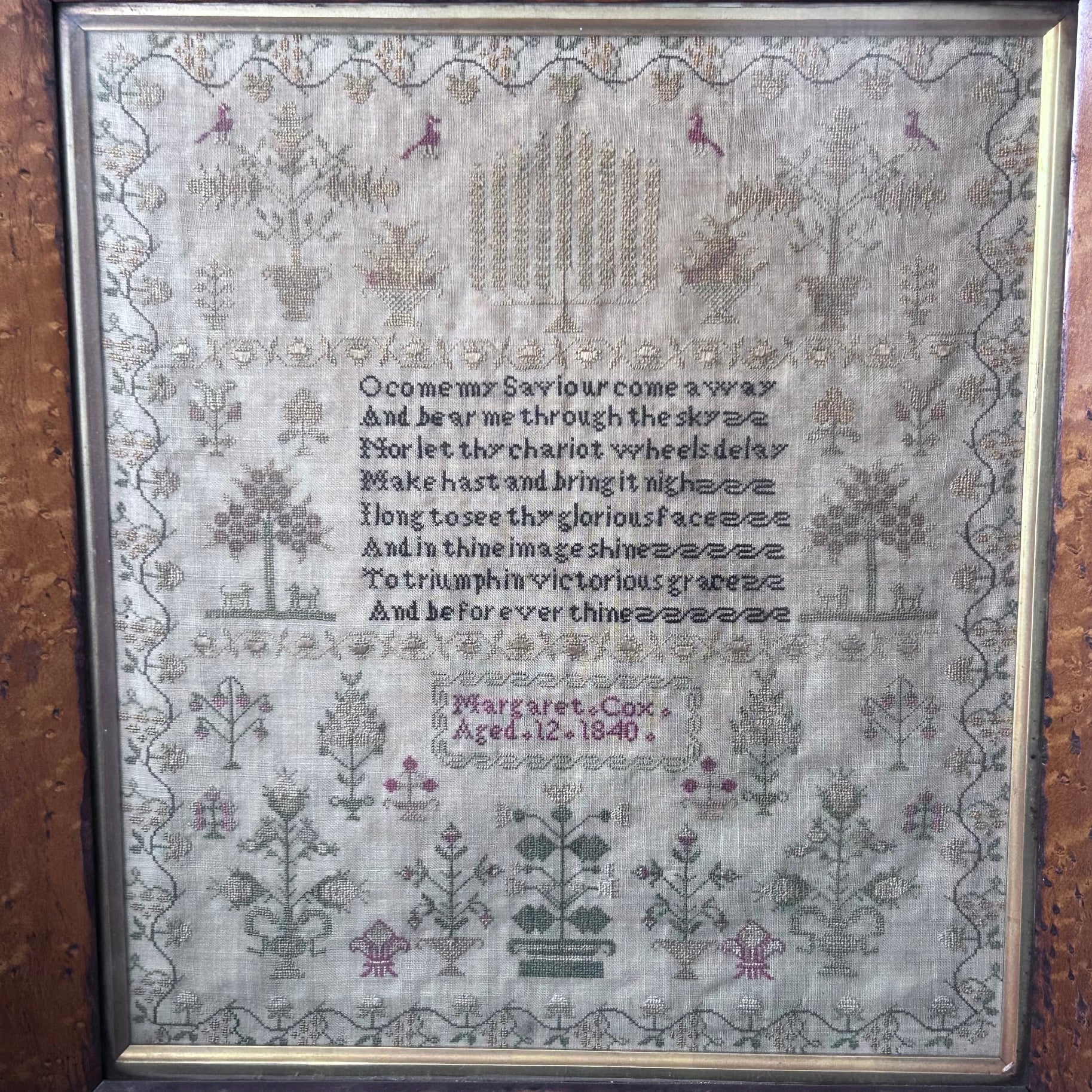 Finely embroidered religious text sampler dated 1840 in maple frame by Margaret Cox aged 12 - Splendid Vintage World