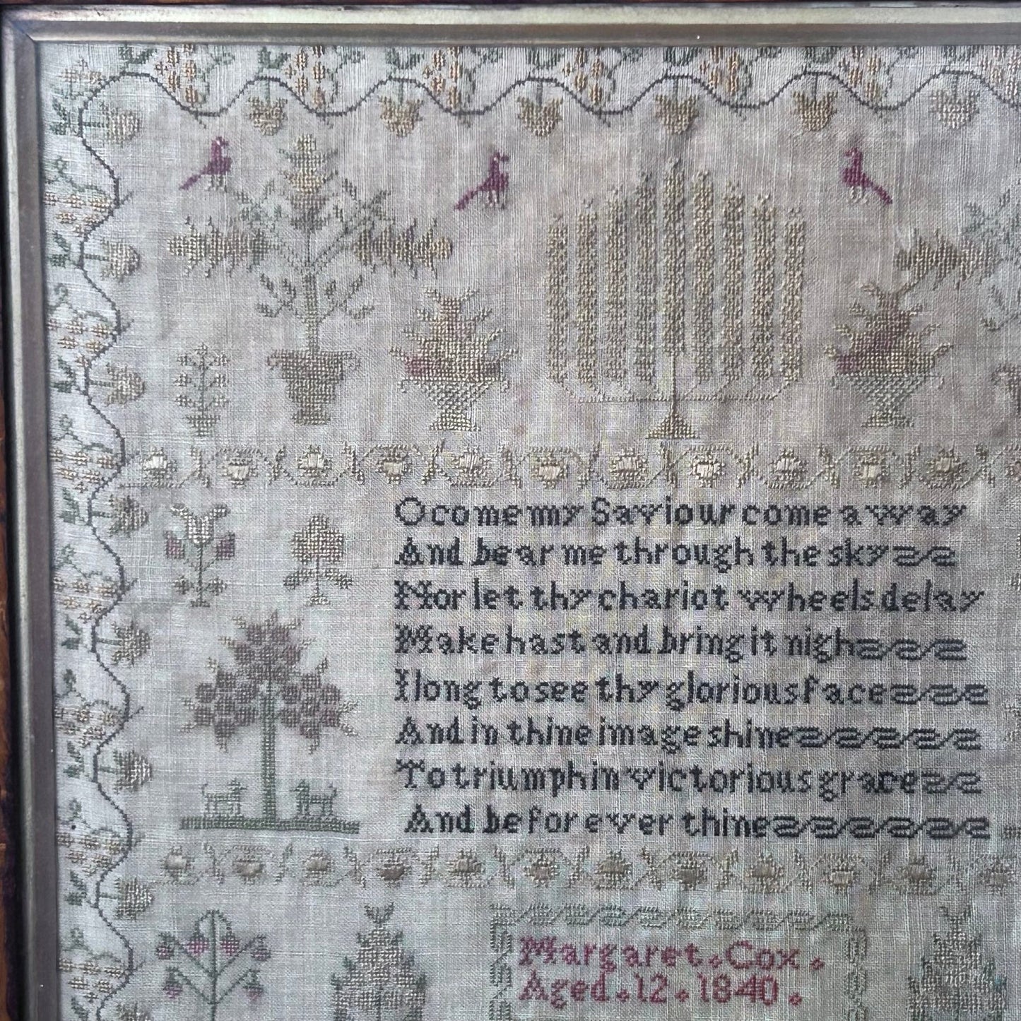 Finely embroidered religious text sampler dated 1840 in maple frame by Margaret Cox aged 12 - Splendid Vintage World