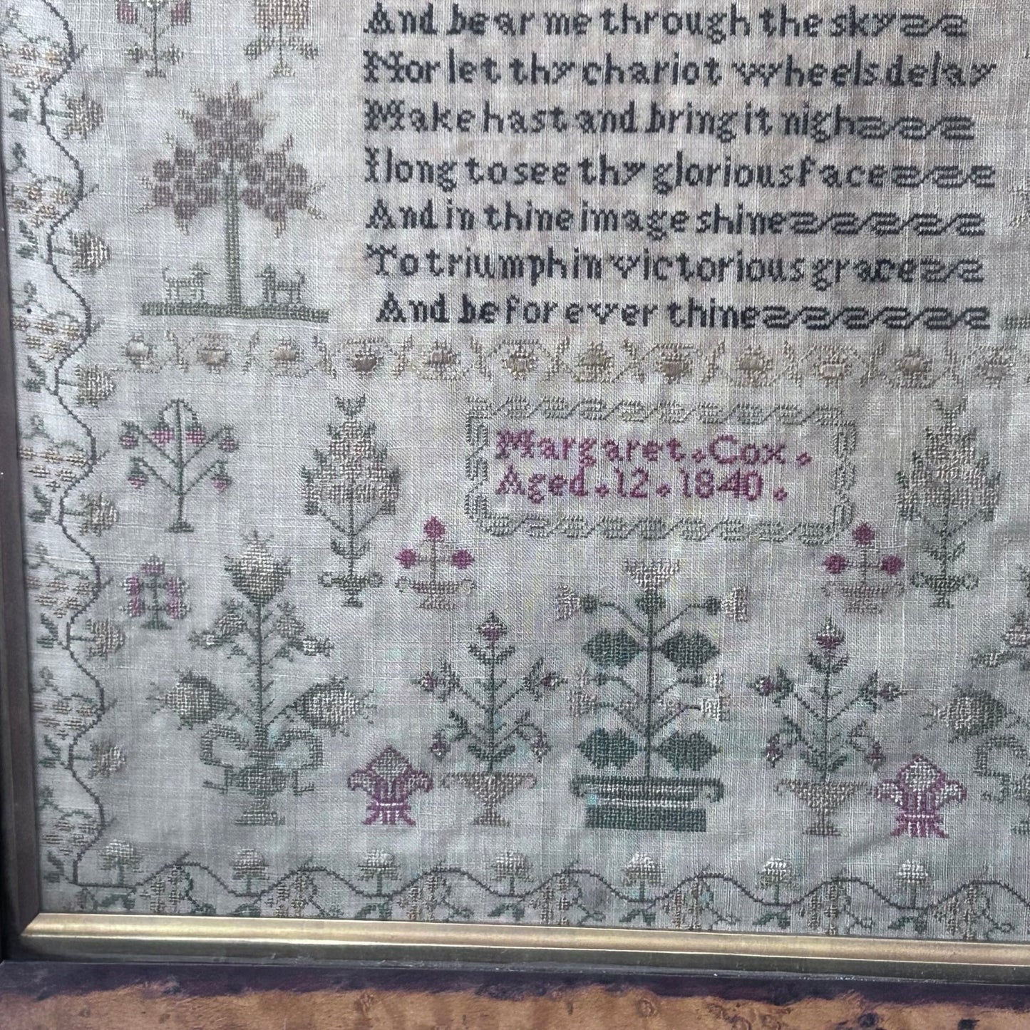 Finely embroidered religious text sampler dated 1840 in maple frame by Margaret Cox aged 12 - Splendid Vintage World