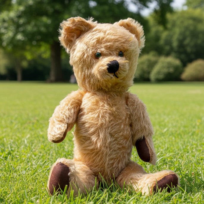 Vintage teddy bear jointed care worn green eyes sat on grass with trees behind - Splendid Vintage World