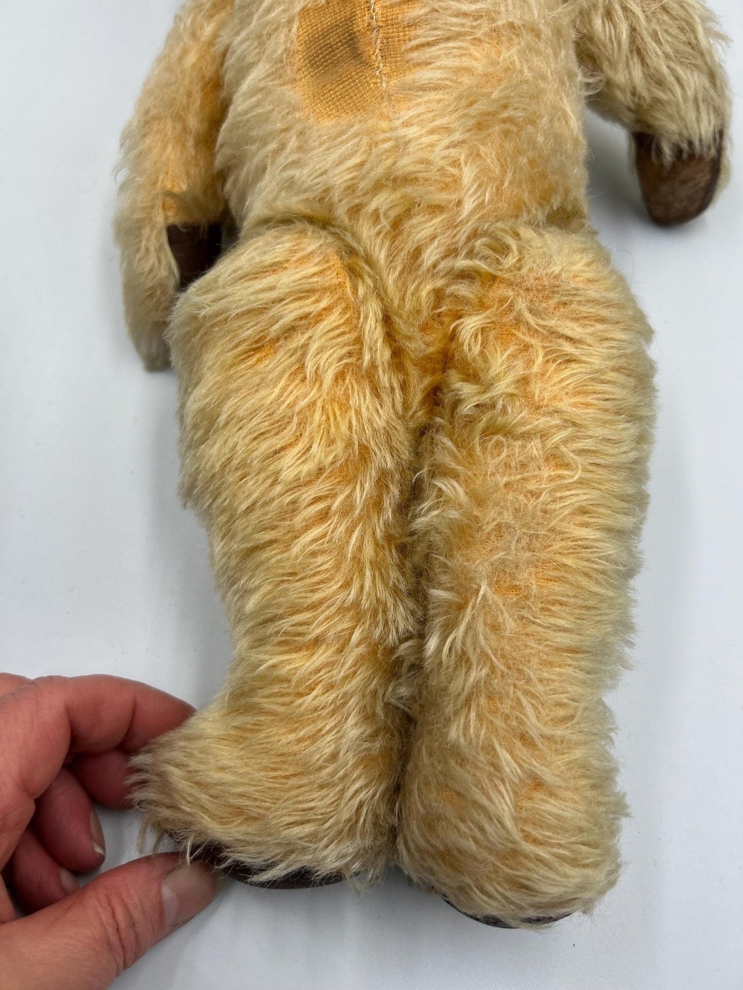 Vintage teddy bear legs with wear held by hand  - Splendid Vintage World