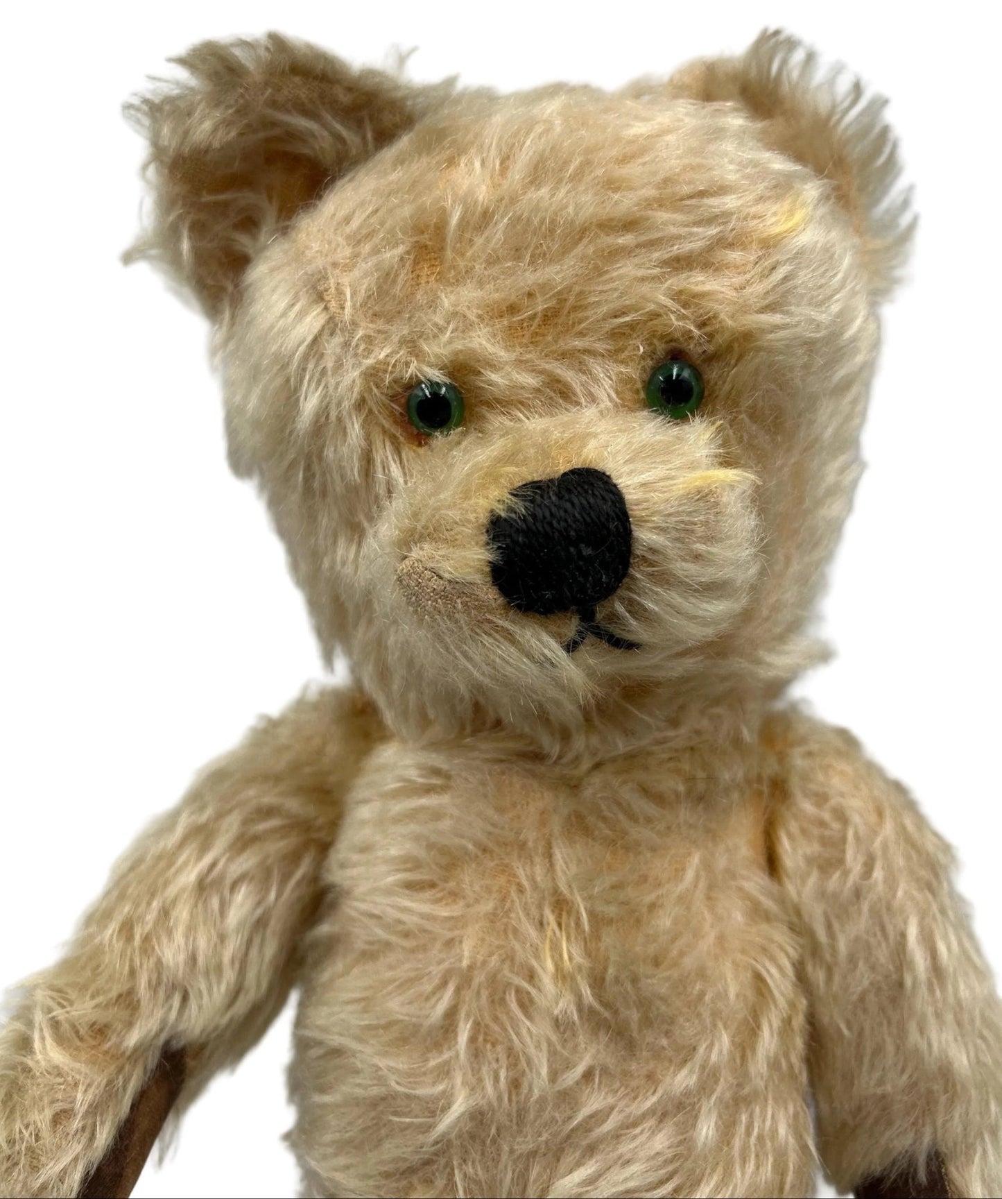 Vintage teddy bear jointed care worn green eyes on white background - Splendid Vintage World