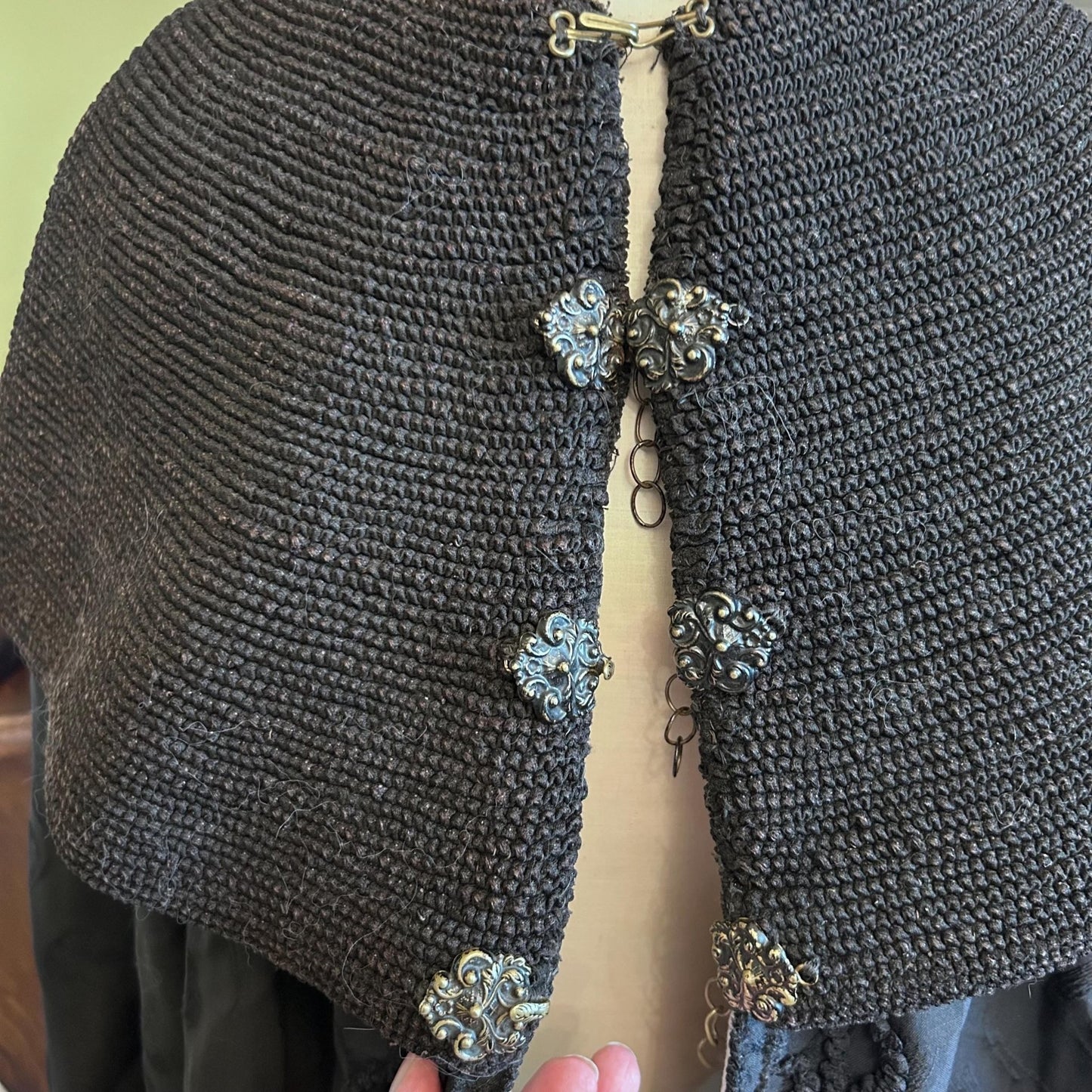 metal cape clasps of Victorian cape with deep ruched collar & hem detailing, German, Austrian origin - Splendid Vintage World