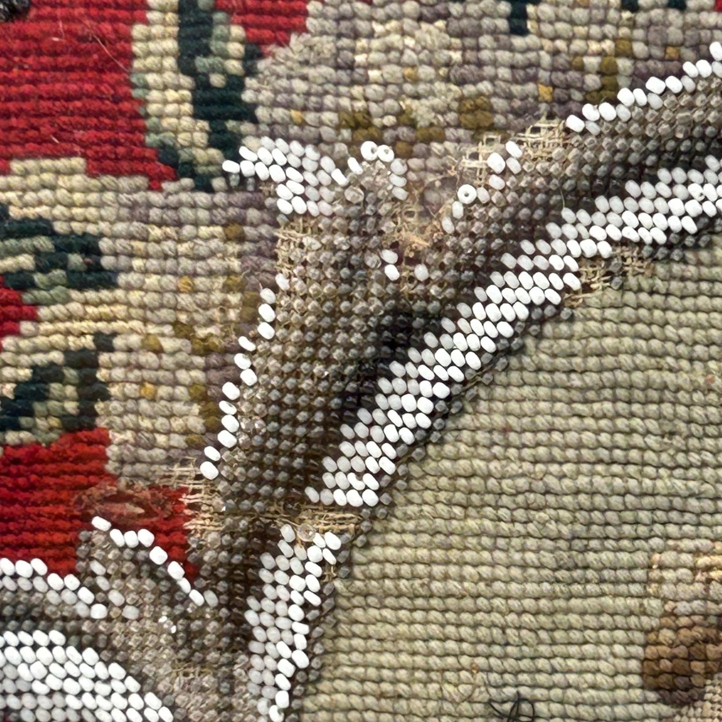 close up of Victorian Needlework Picture of Children with Doll & Beadwork Tree gros point and petit point, framed