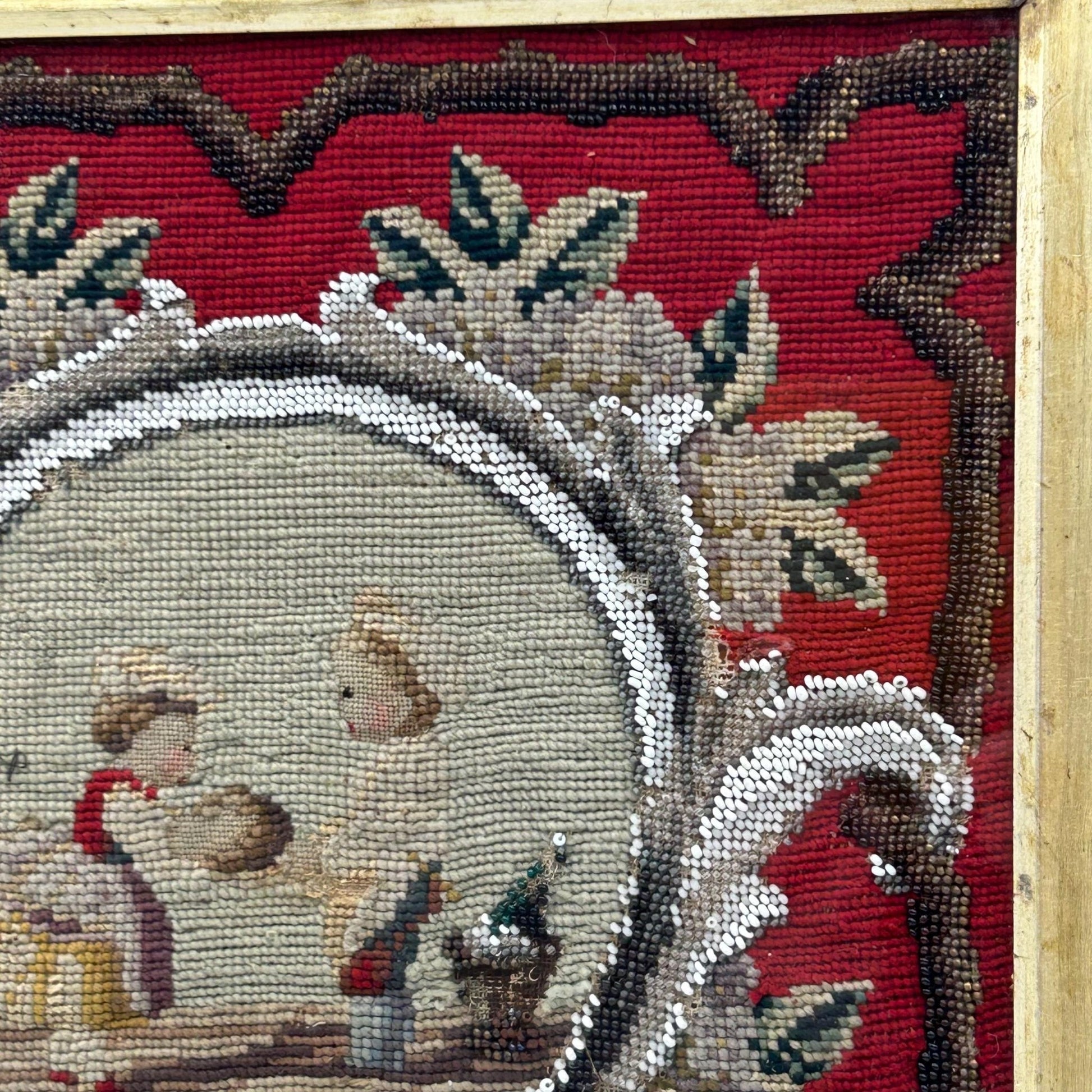 Victorian Needlework Picture of Children with Doll & Beadwork Tree gros point and petit point, framed