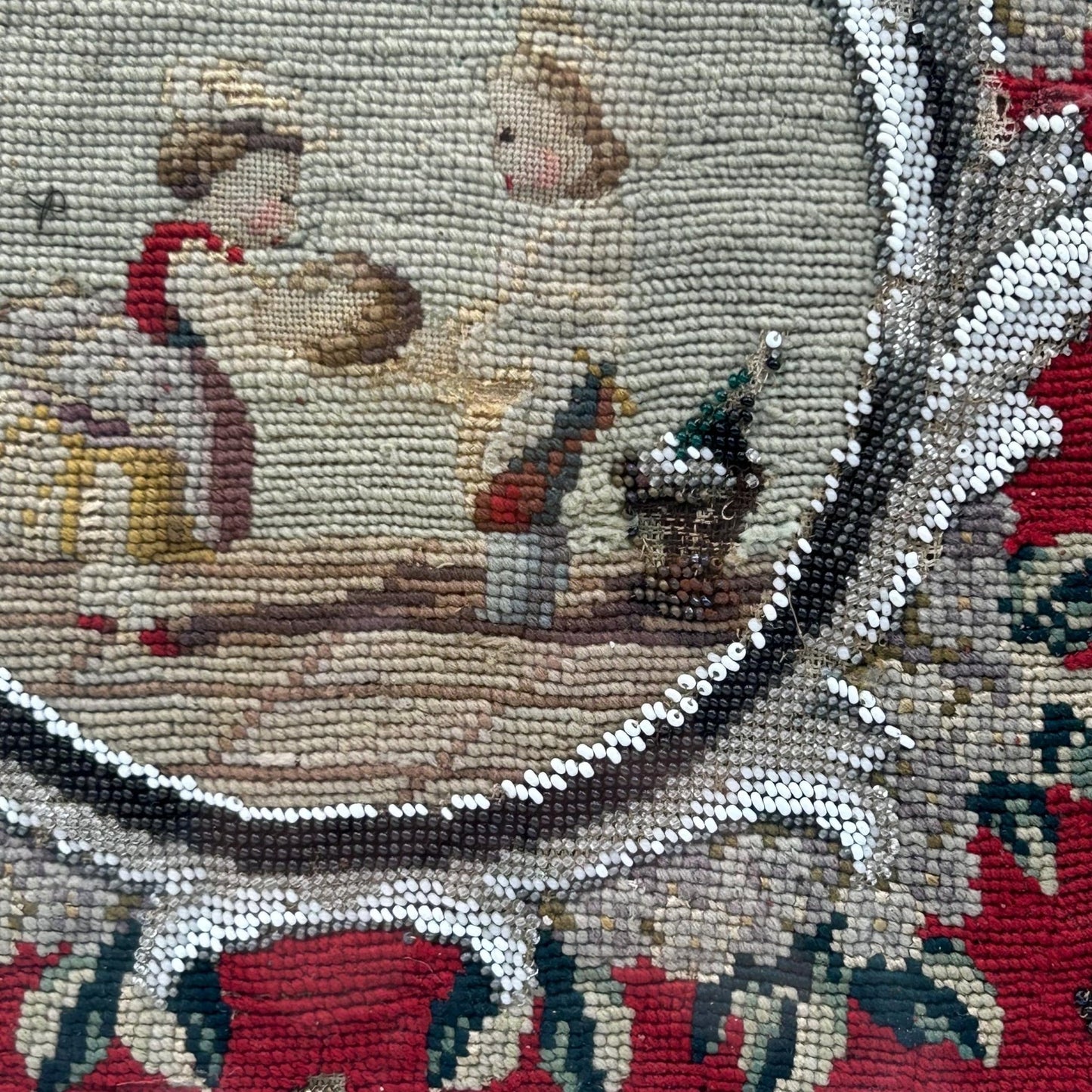 close up of Victorian Needlework Picture of Children with Doll & Beadwork Tree gros point and petit point, framed
