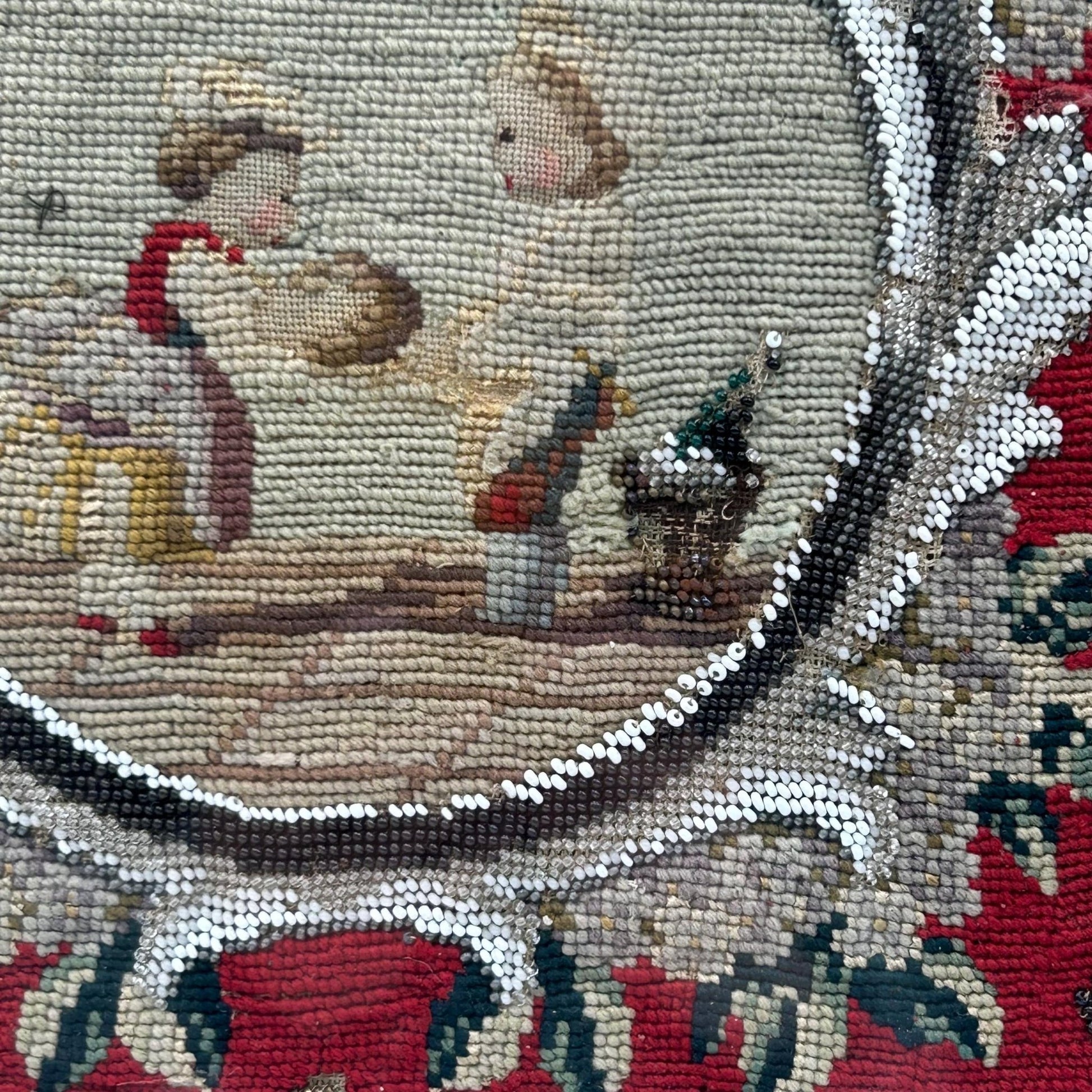 close up of Victorian Needlework Picture of Children with Doll & Beadwork Tree gros point and petit point, framed