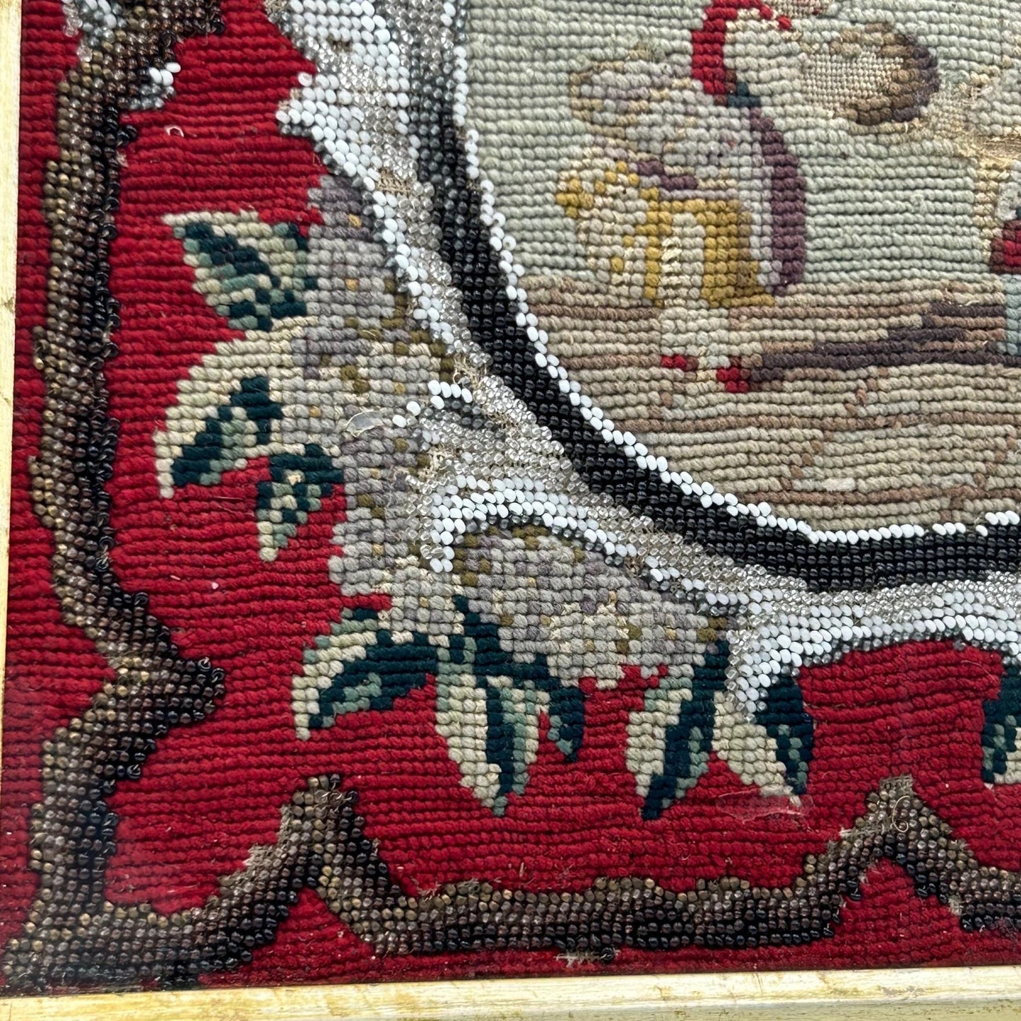 Victorian Needlework Picture of Children with Doll & Beadwork Tree gros point and petit point, framed