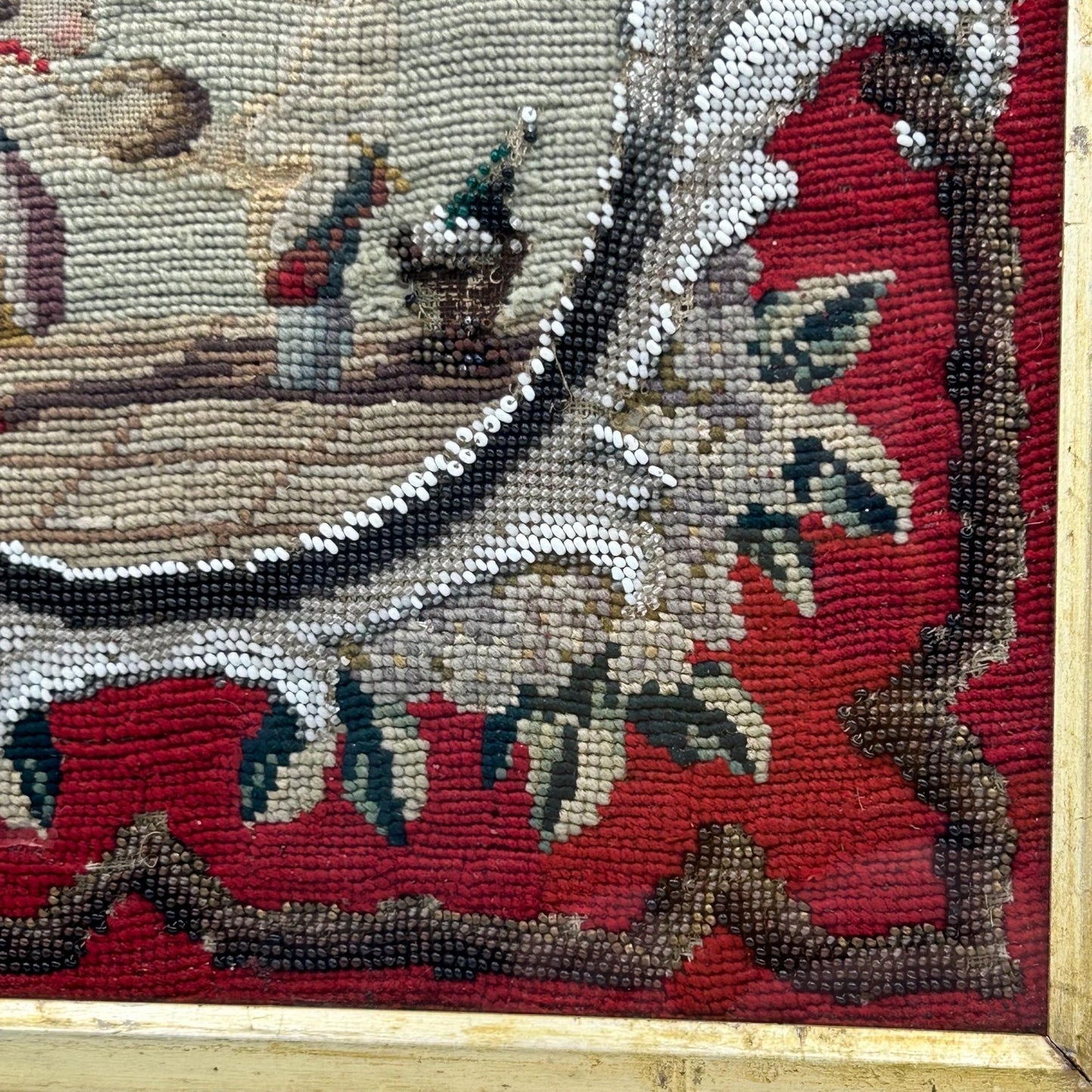 Victorian Needlework Picture of Children with Doll & Beadwork Tree gros point and petit point, framed