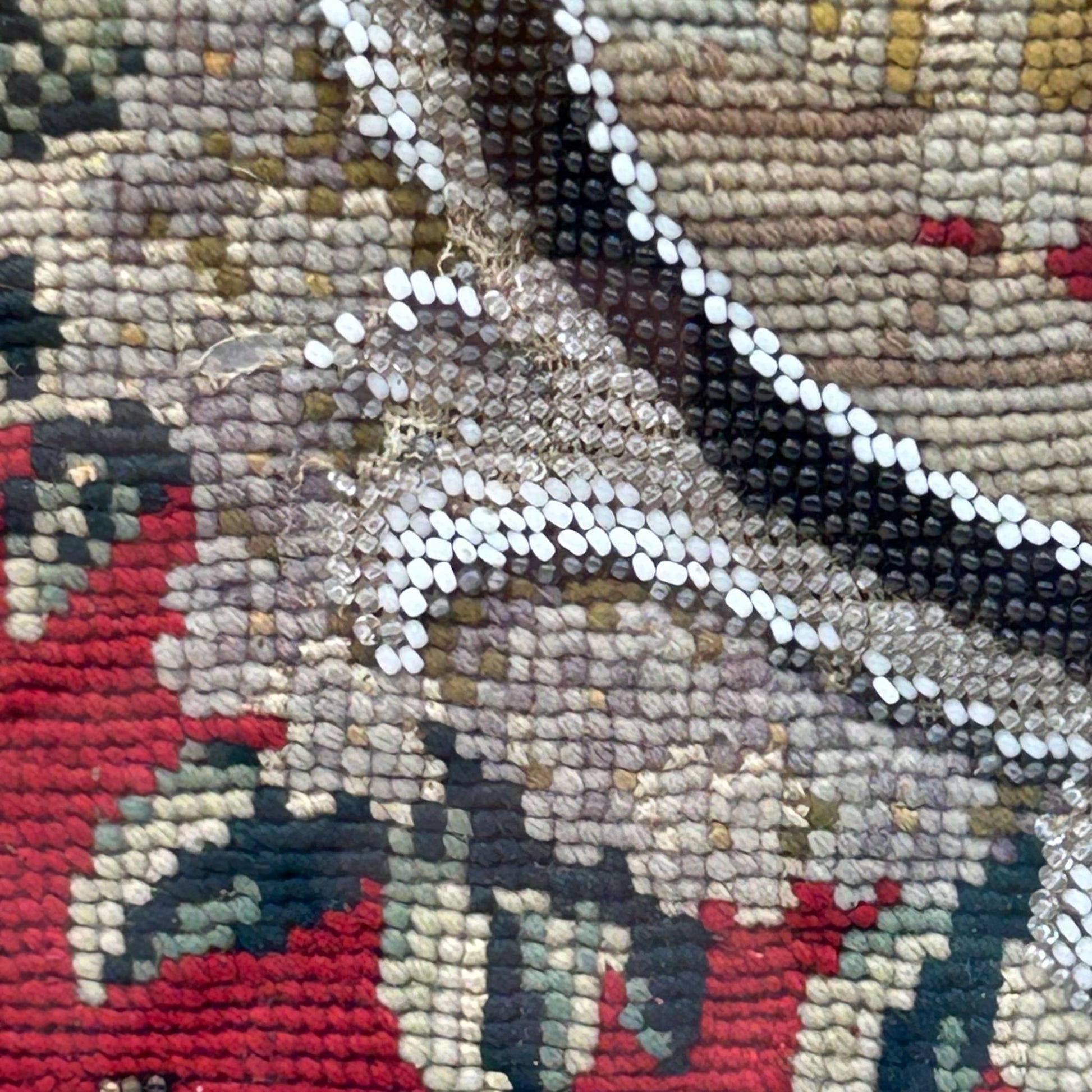 close up of Victorian Needlework Picture of Children with Doll & Beadwork Tree gros point and petit point, framed