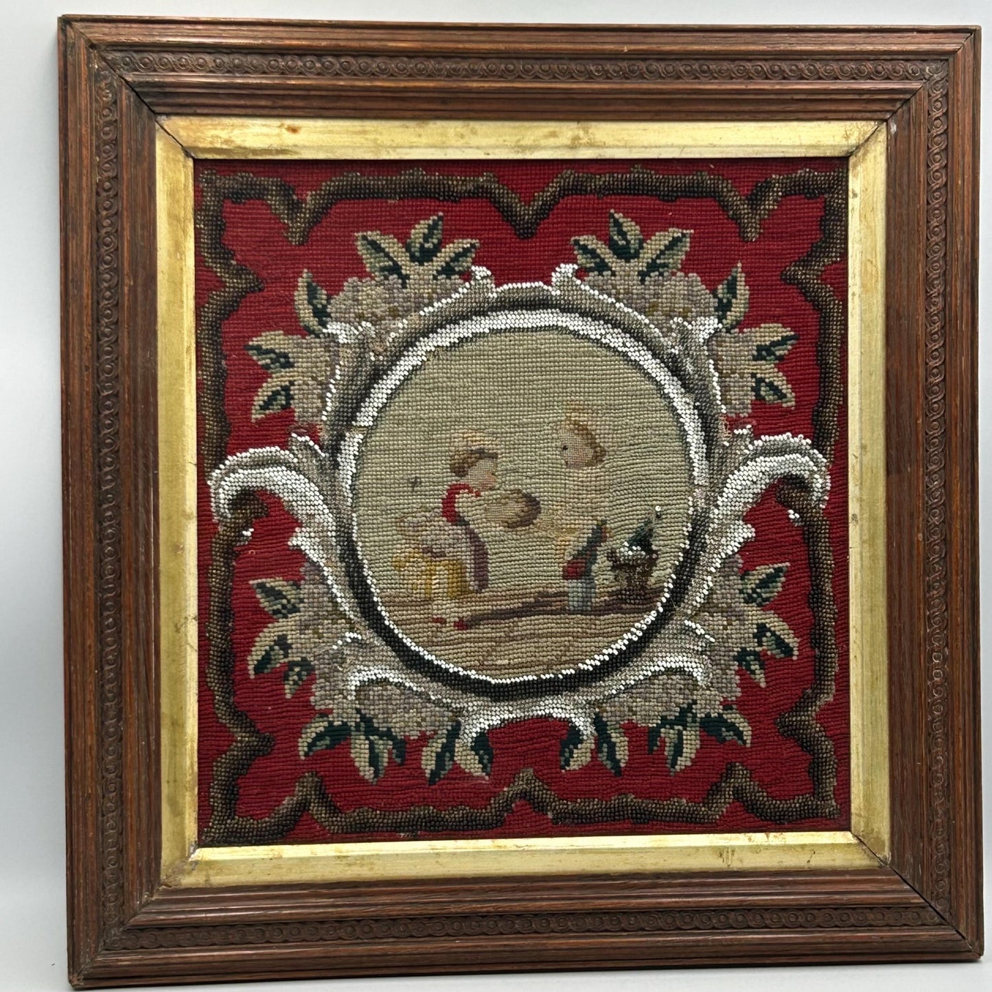 Victorian Needlework Picture of Children with Doll & Beadwork Tree gros point and petit point, framed