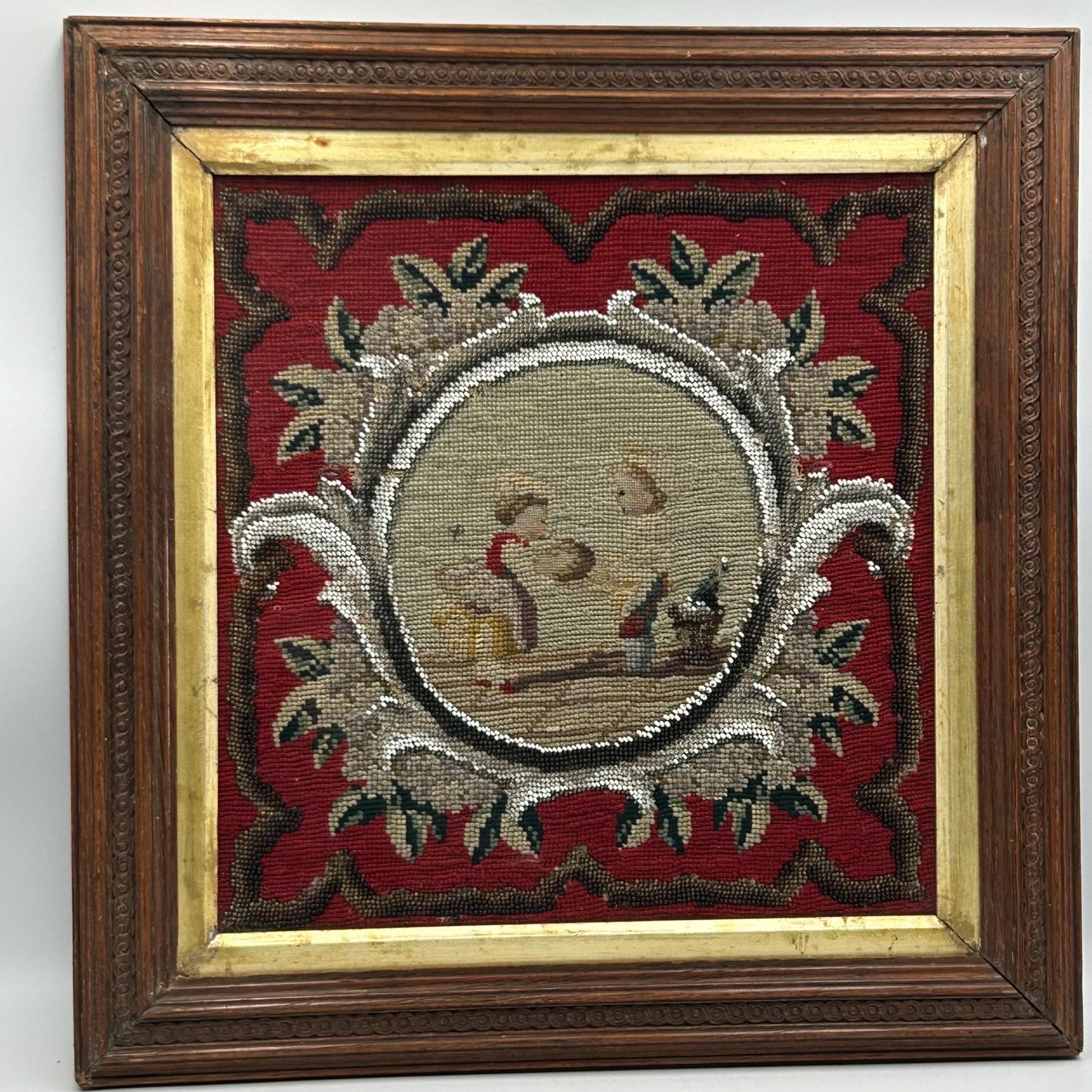 Victorian Needlework Picture of Children with Doll & Beadwork Tree gros point and petit point, framed