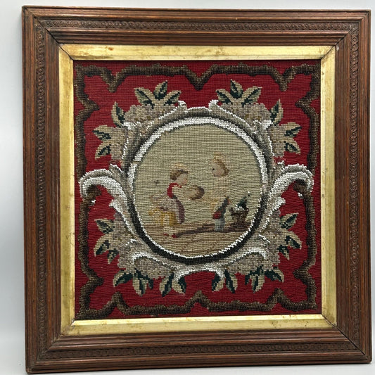 Victorian Needlework Picture of Children with Doll & Beadwork Tree gros point and petit point, framed