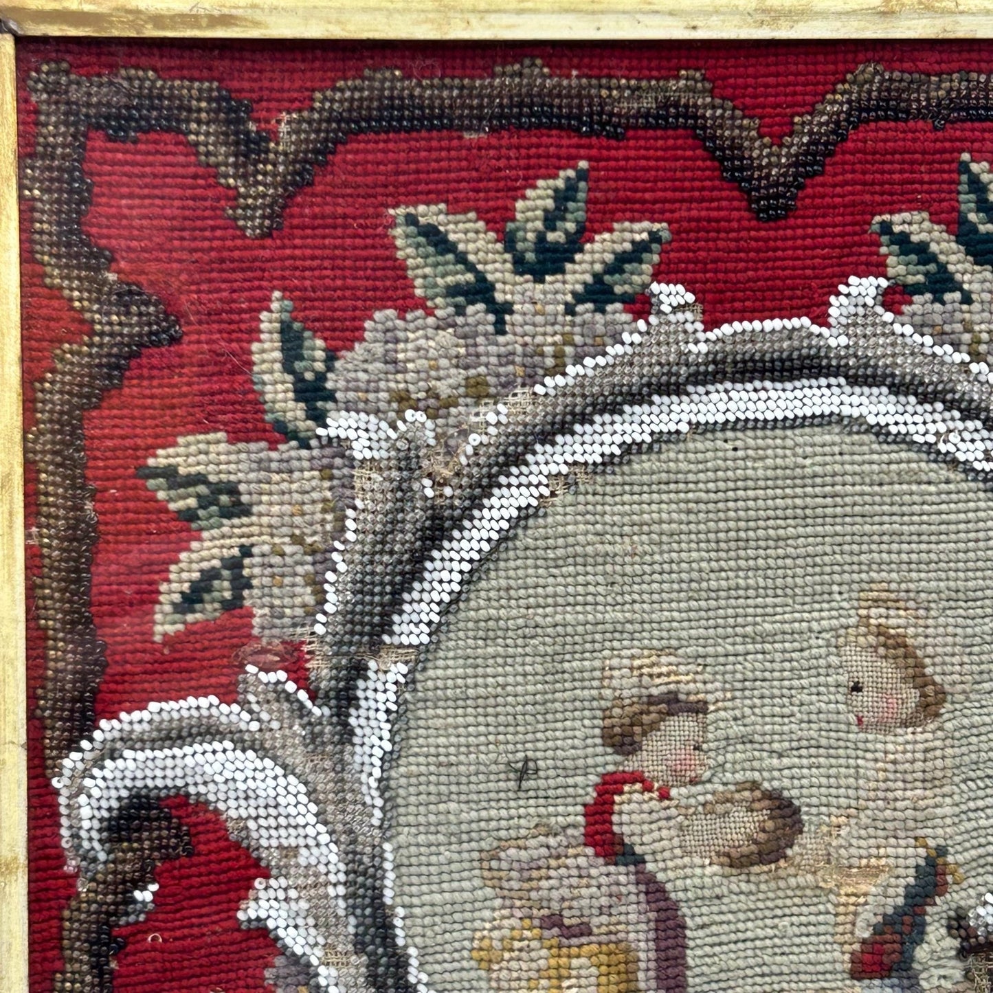 Victorian Needlework Picture of Children with Doll & Beadwork Tree gros point and petit point, framed