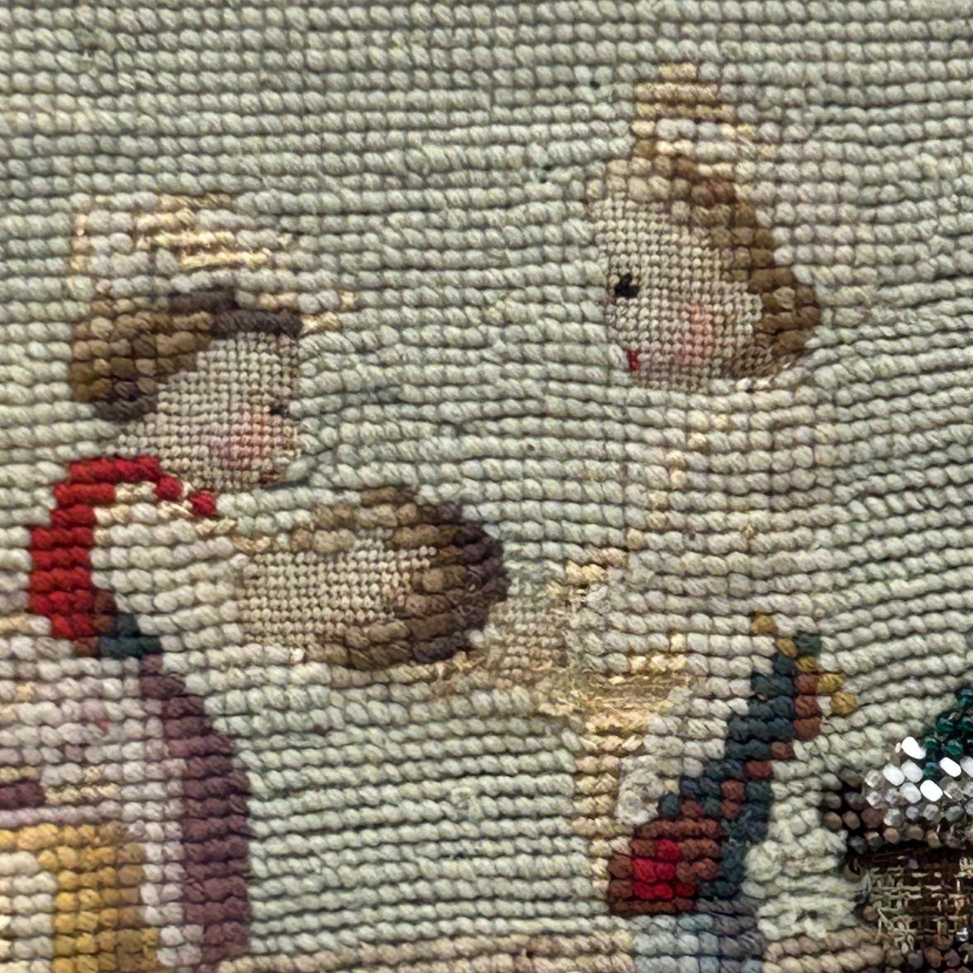 Close up of Victorian Needlework Picture of Children with Doll & Beadwork Tree gros point and petit point, framed