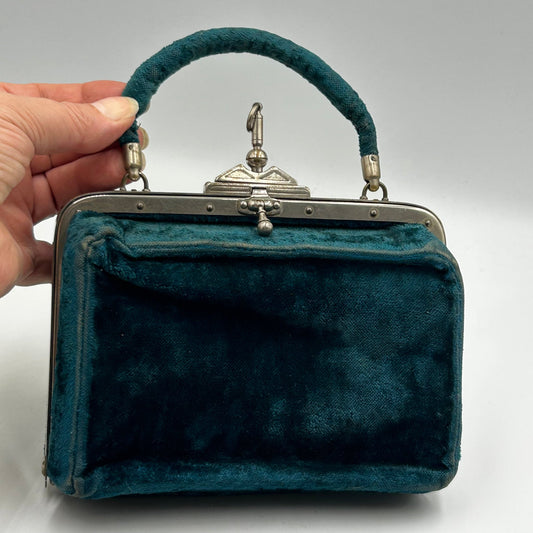 Victorian teal velvet sewing etui handbag Rd No 18746 Paris Depose - Splendid Vintage World