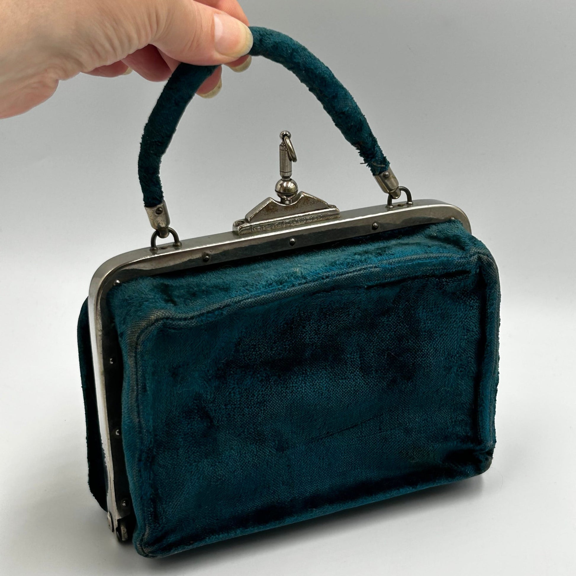 Victorian teal velvet sewing etui handbag Rd No 18746 Paris Depose - Splendid Vintage World
