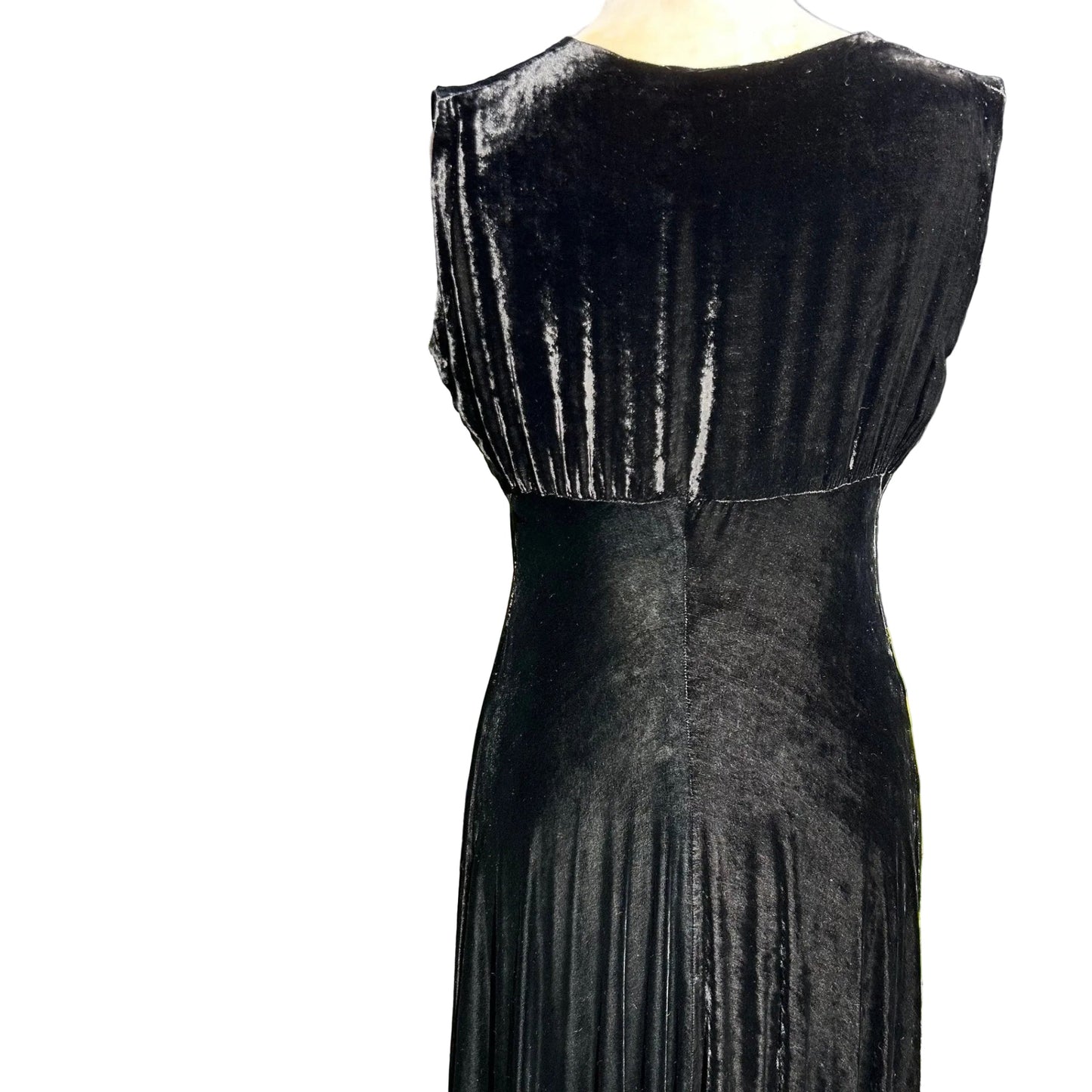 back view of Vintage 1930s black velvet bias cut evening dress sleeveless on white background - Splendid Vintage World