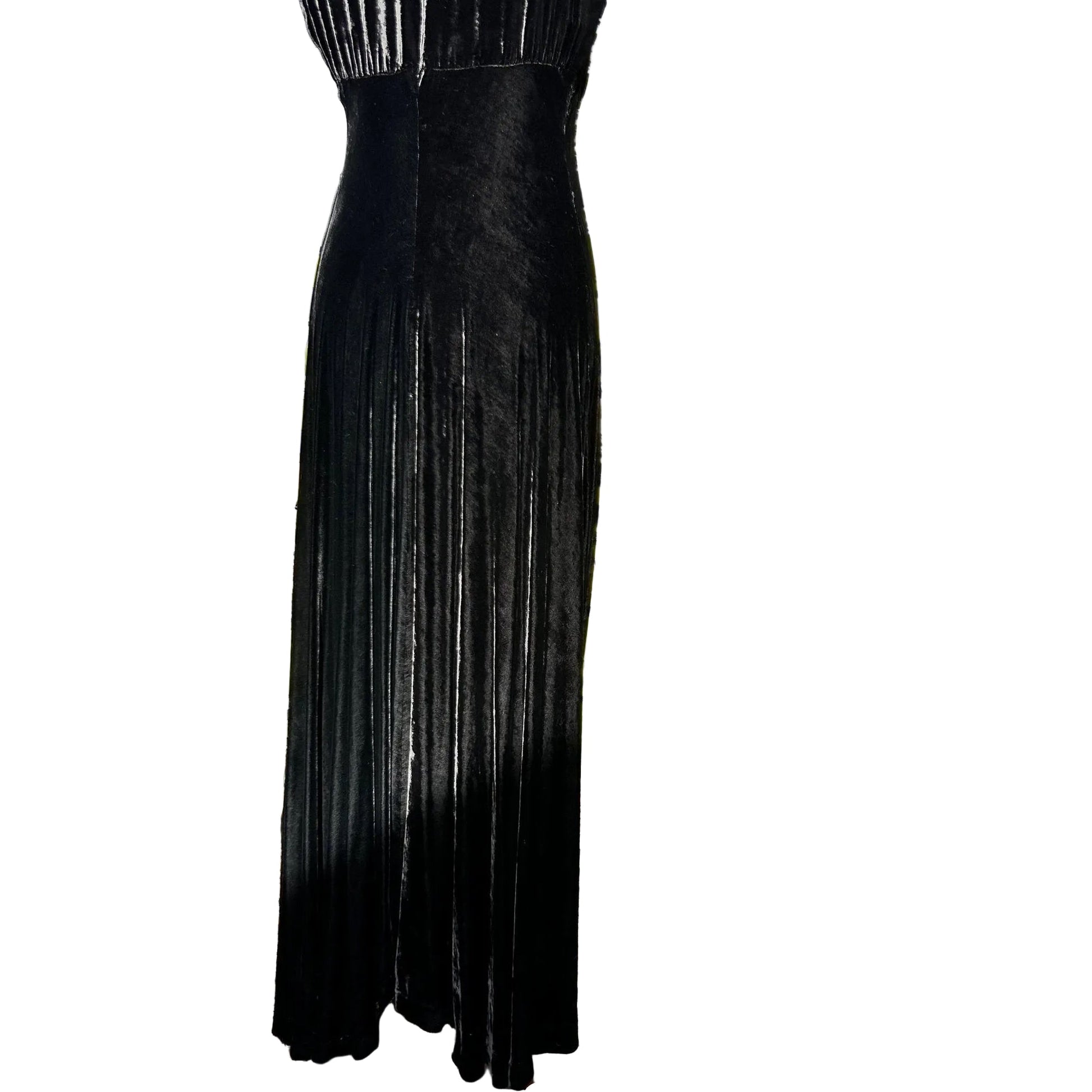 Vintage 1930s long black velvet bias cut dress on white background - Splendid Vintage World