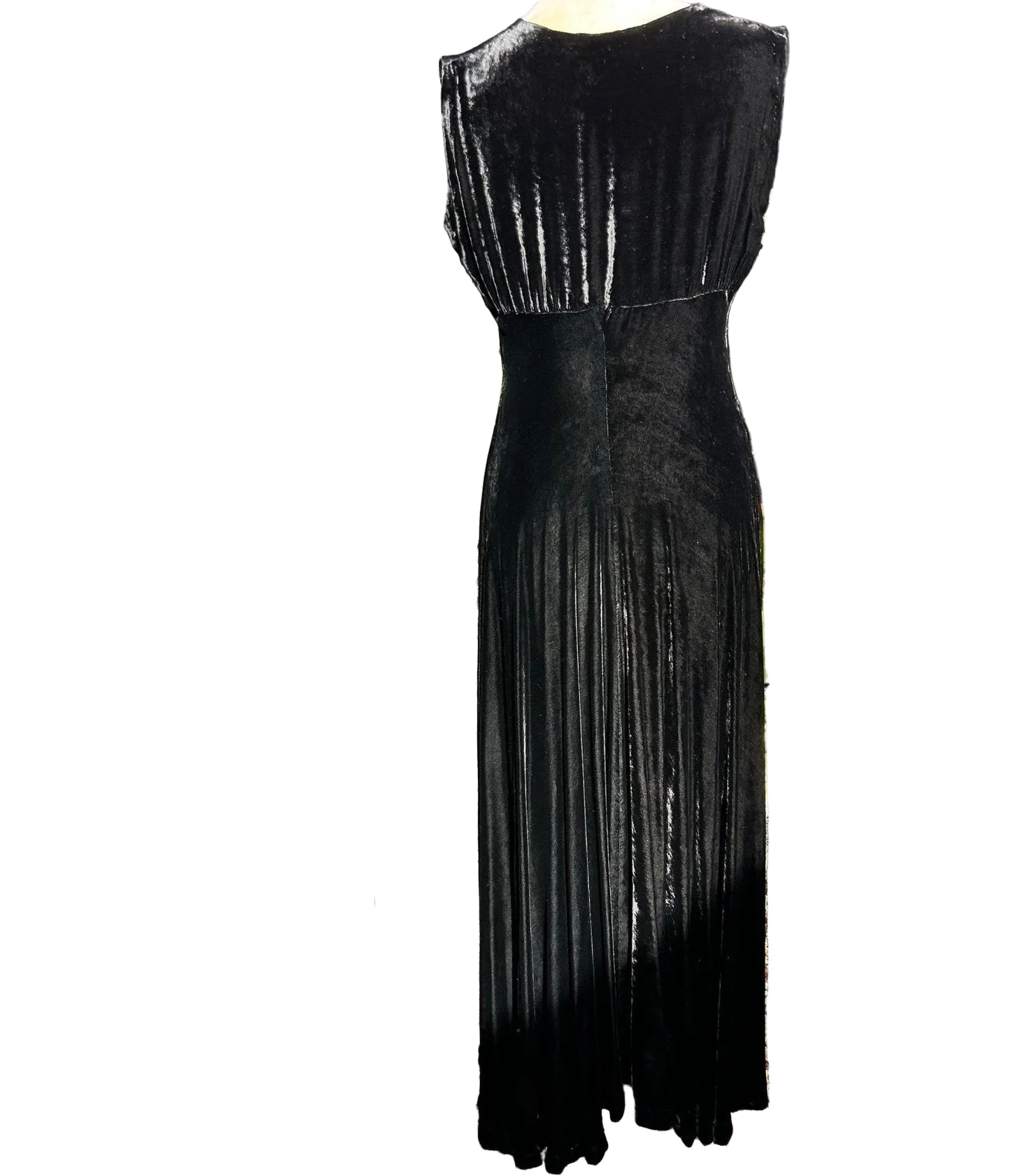 back view of 1930s long black velvet bias cut dress sleeveless on white background - Splendid Vintage World