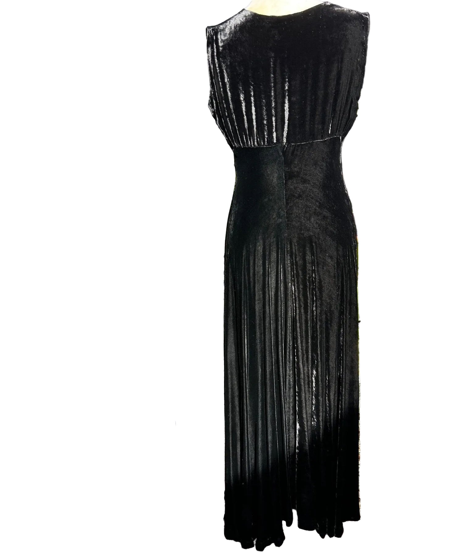 back view of 1930s long black velvet bias cut dress sleeveless on white background - Splendid Vintage World