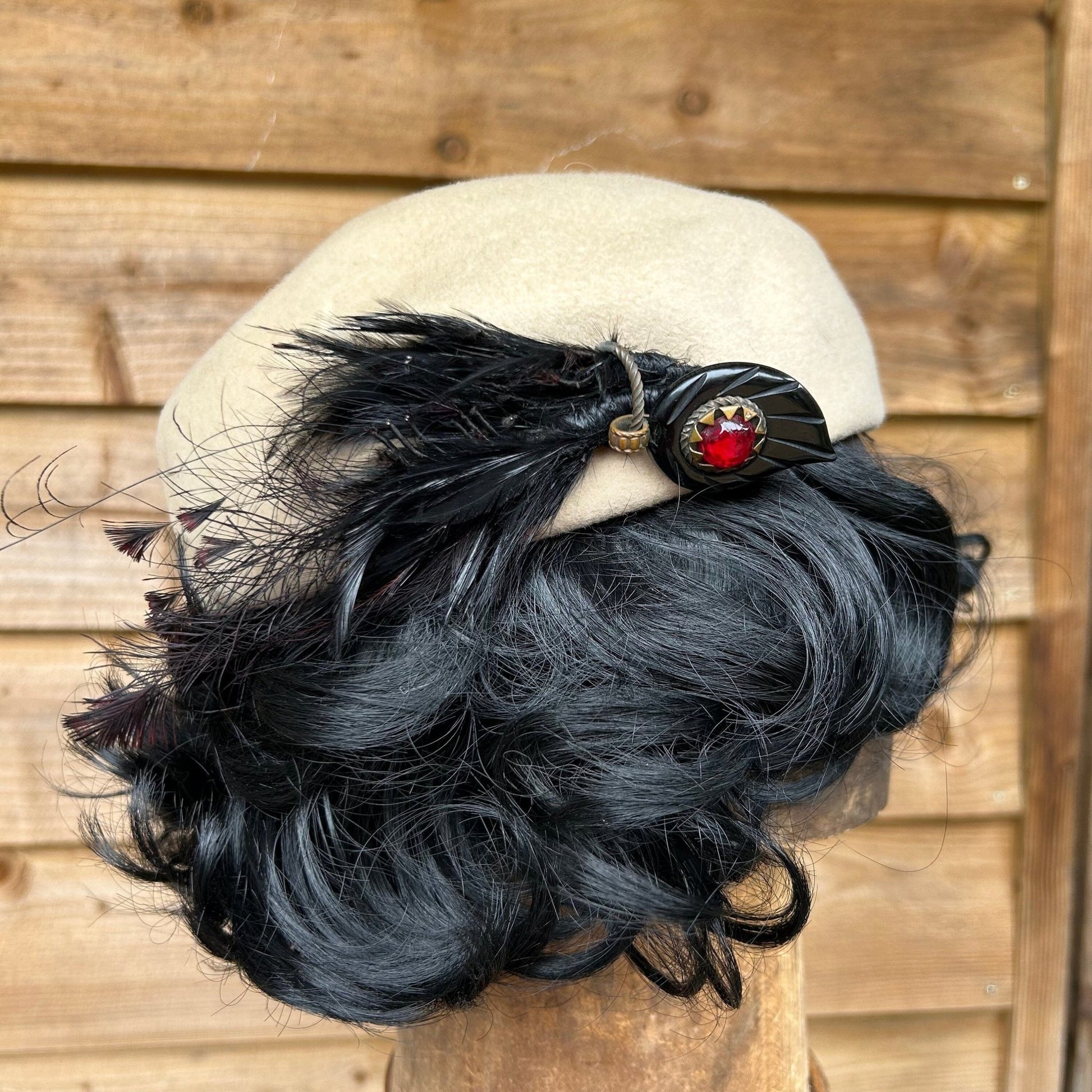 Vintage 1930s Wool Beret with Feather & Bakelite Adornment - Glenover Henry Pollak