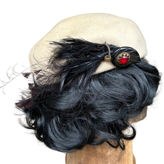 Vintage 1930s Wool Beret with Feather & Bakelite Adornment - Glenover Henry Pollak