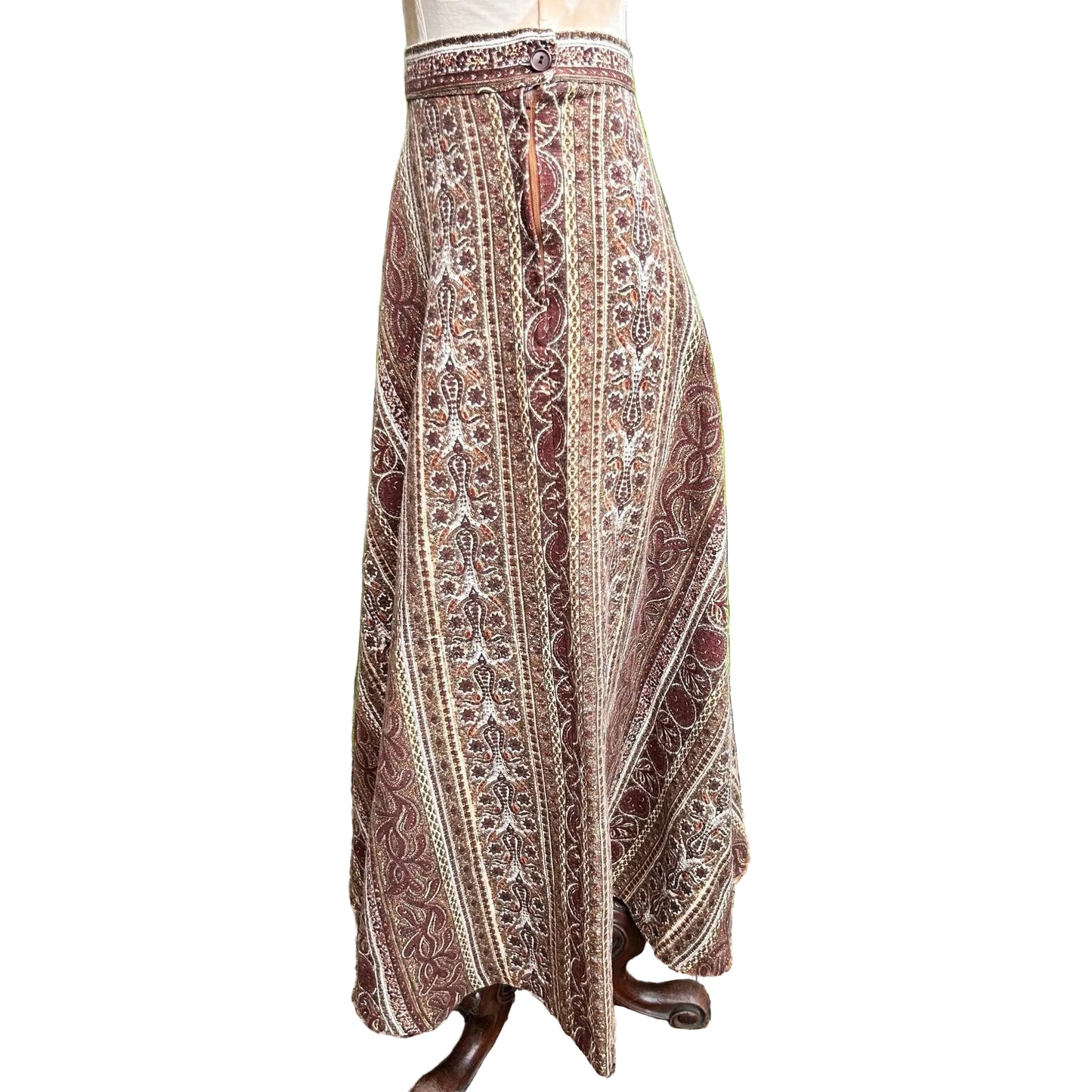 1970s Liberty of London brown patterned fabric A Line Skirt by Marion Donaldson on white background - Splendid Vintage World