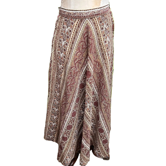 1970s Liberty of London brown patterned fabric A Line Skirt by Marion Donaldson on white background - Splendid Vintage World
