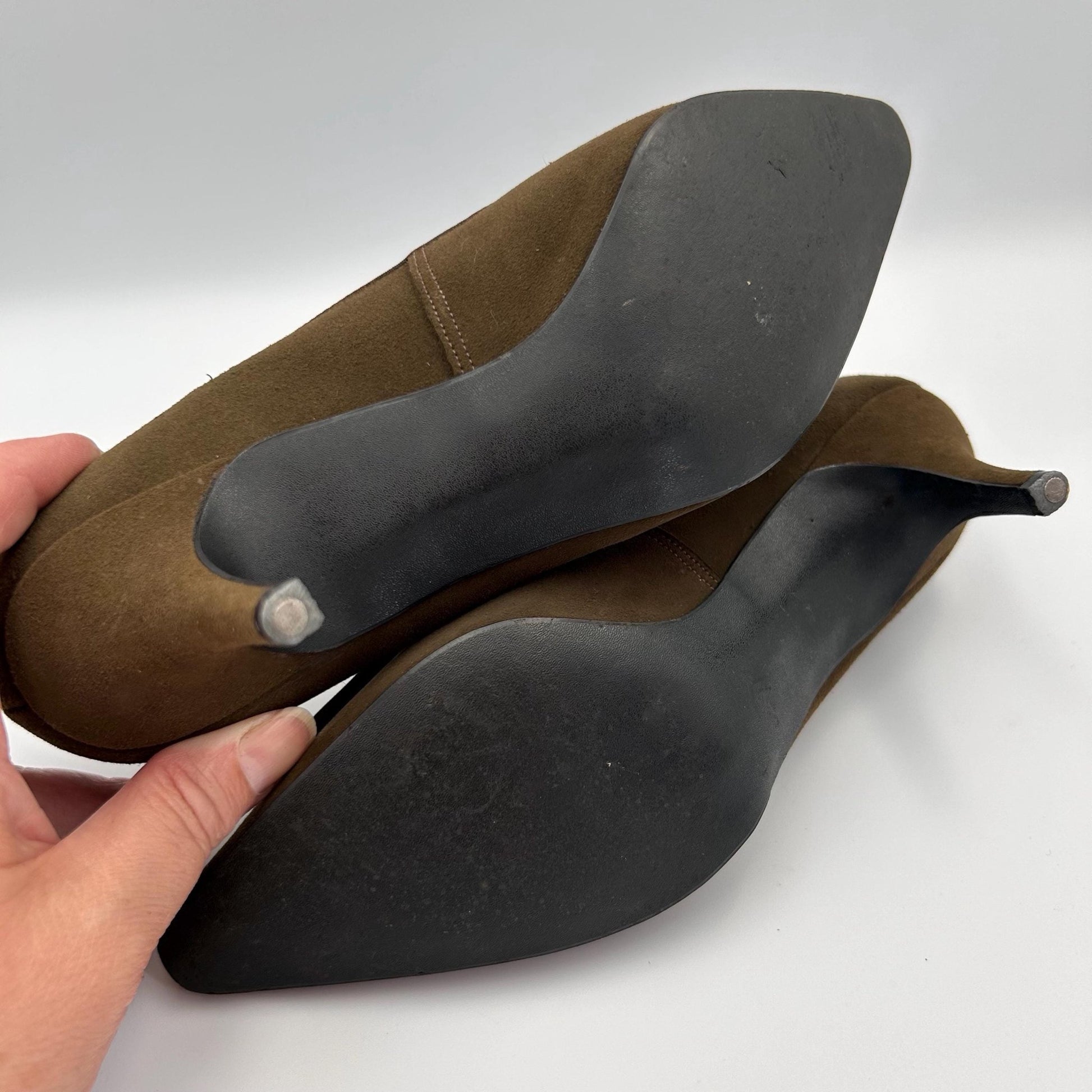 brown Suede Stiletto heel shoes with black soles on light background - Splendid Vintage World