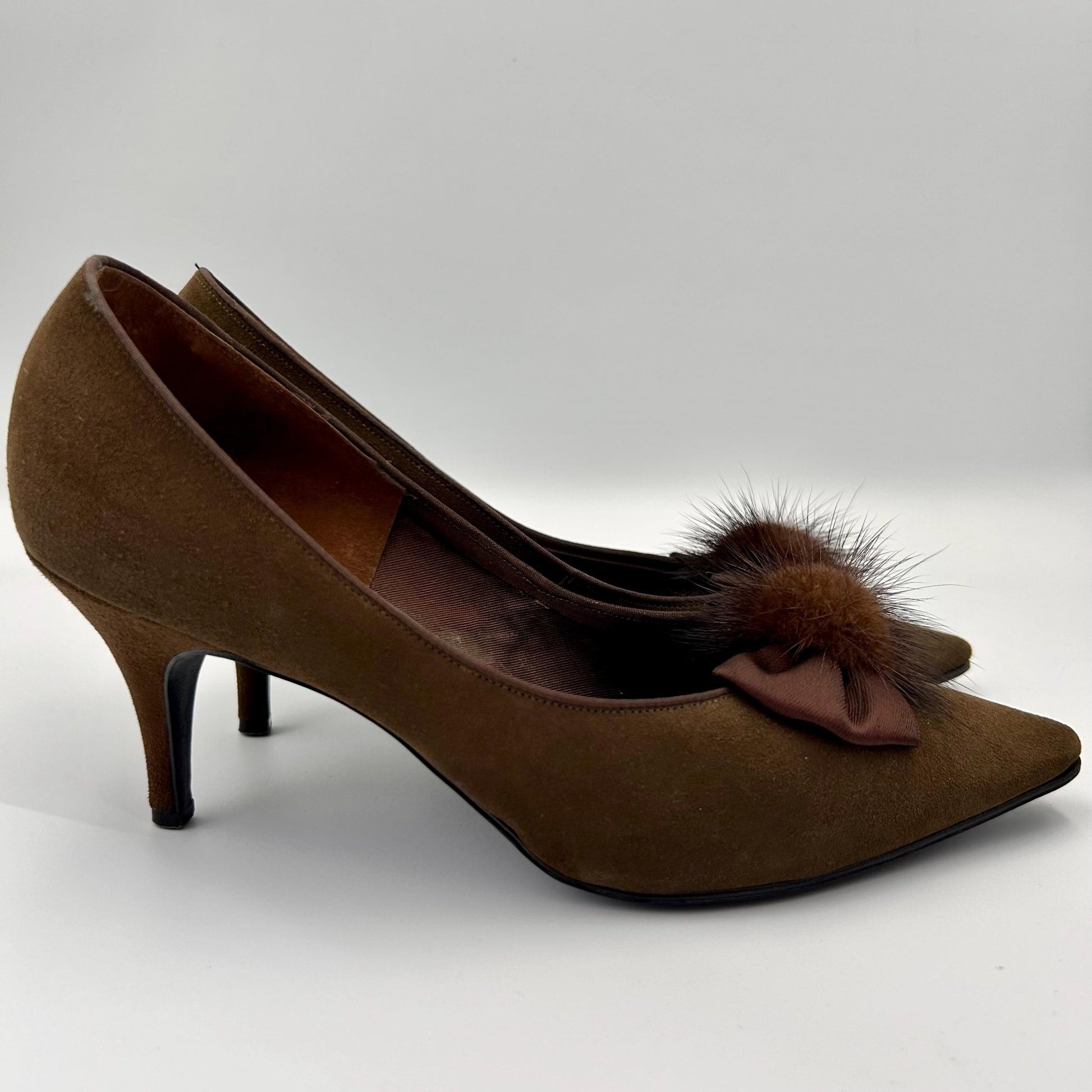 brown Suede Stiletto heel pointed toe shoes with Mink Trim on white background - Splendid Vintage World