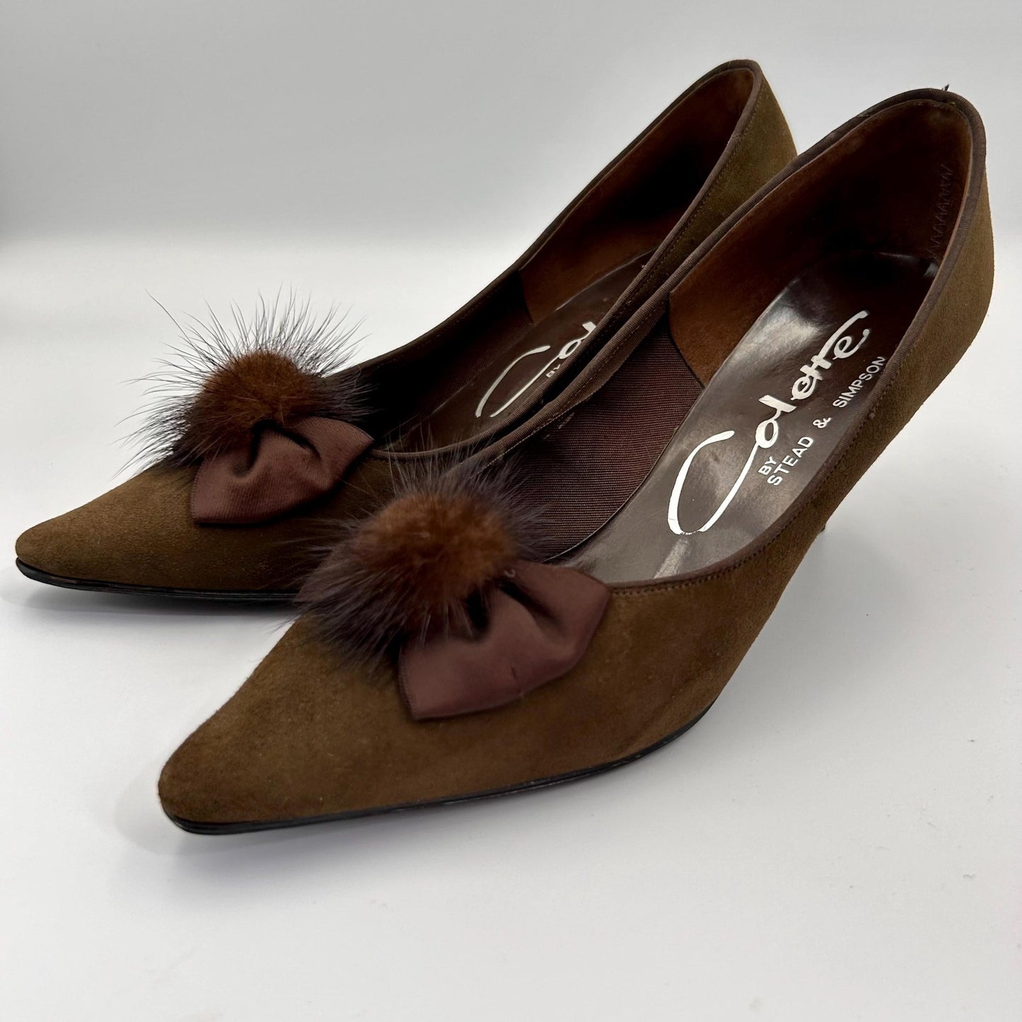 brown Suede pointed toe shoes with Mink Trim on light background - Splendid Vintage World