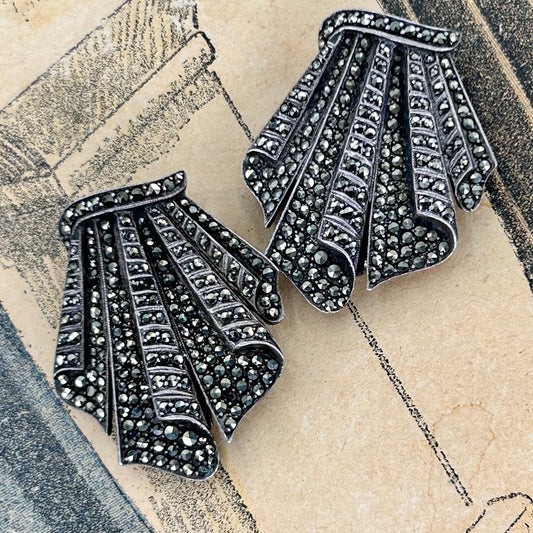 Vintage Art Deco silver & marcasite dress clips, brooches