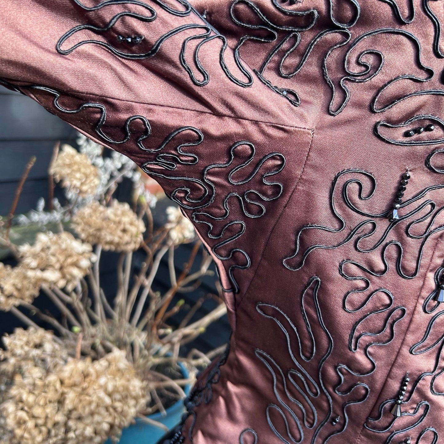 under sleeve view of Vintage satin bodice top in bronze/ brown with black glass beading - Splendid Vintage World