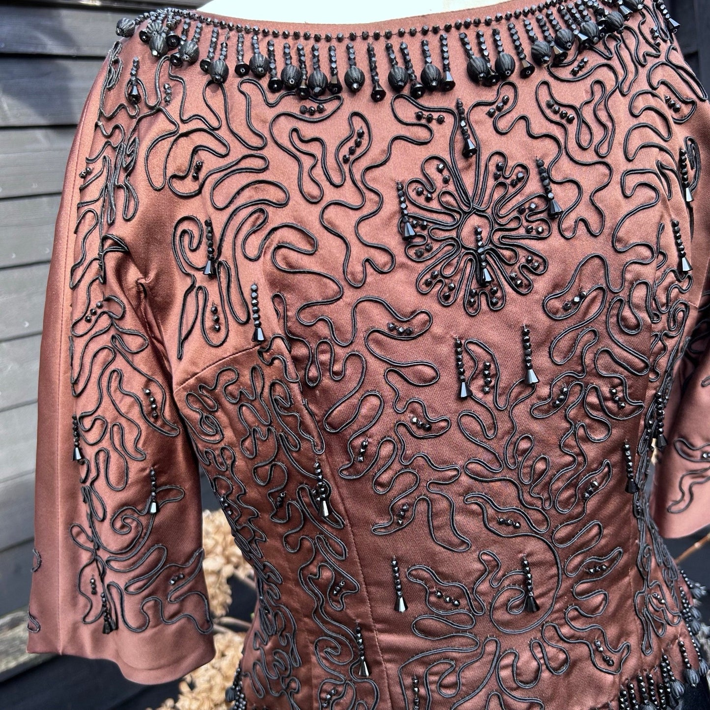 close up of Vintage satin bodice top bronze/ brown with all over black glass beading - Splendid Vintage World