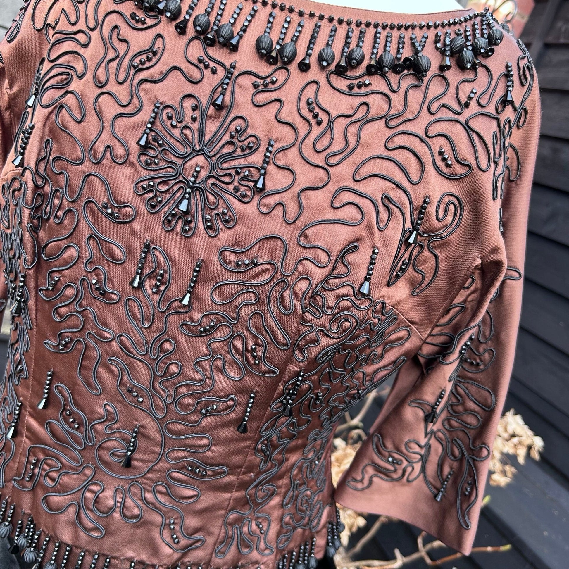 close up of Vintage beaded satin bodice top in bronze/ brown with black glass beading - Splendid Vintage World