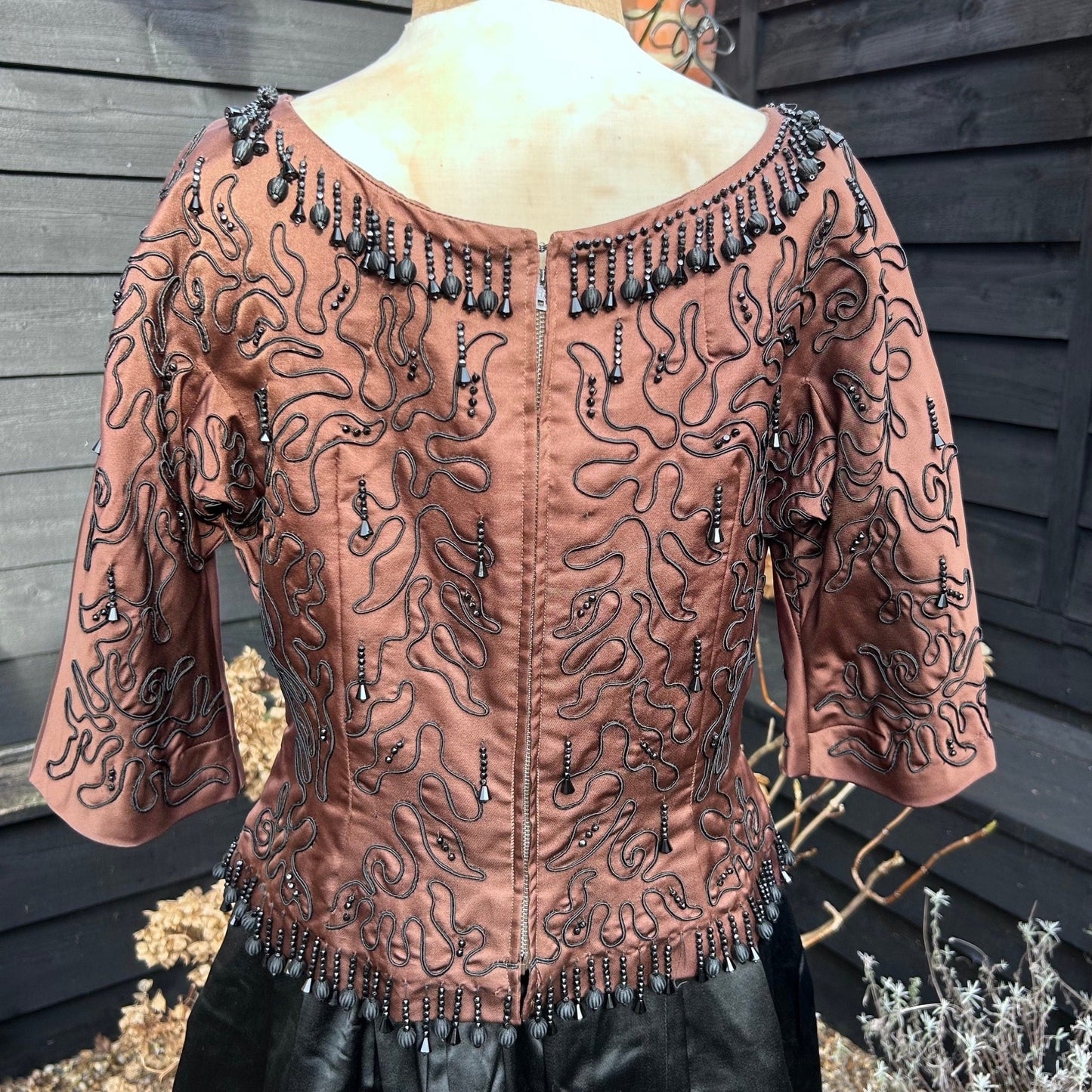 Back view of Vintage satin bodice top in bronze/ brown with all over black glass beading - Splendid Vintage World