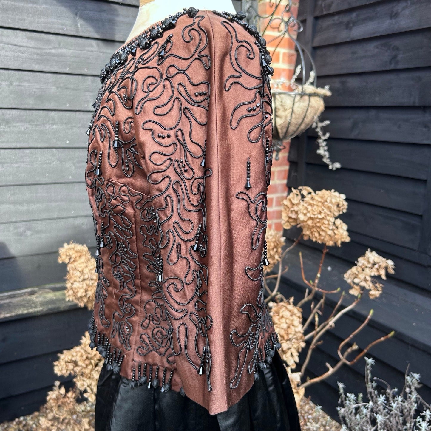 side view of Vintage satin bodice top bronze/brown with all over black glass beading - Splendid Vintage World