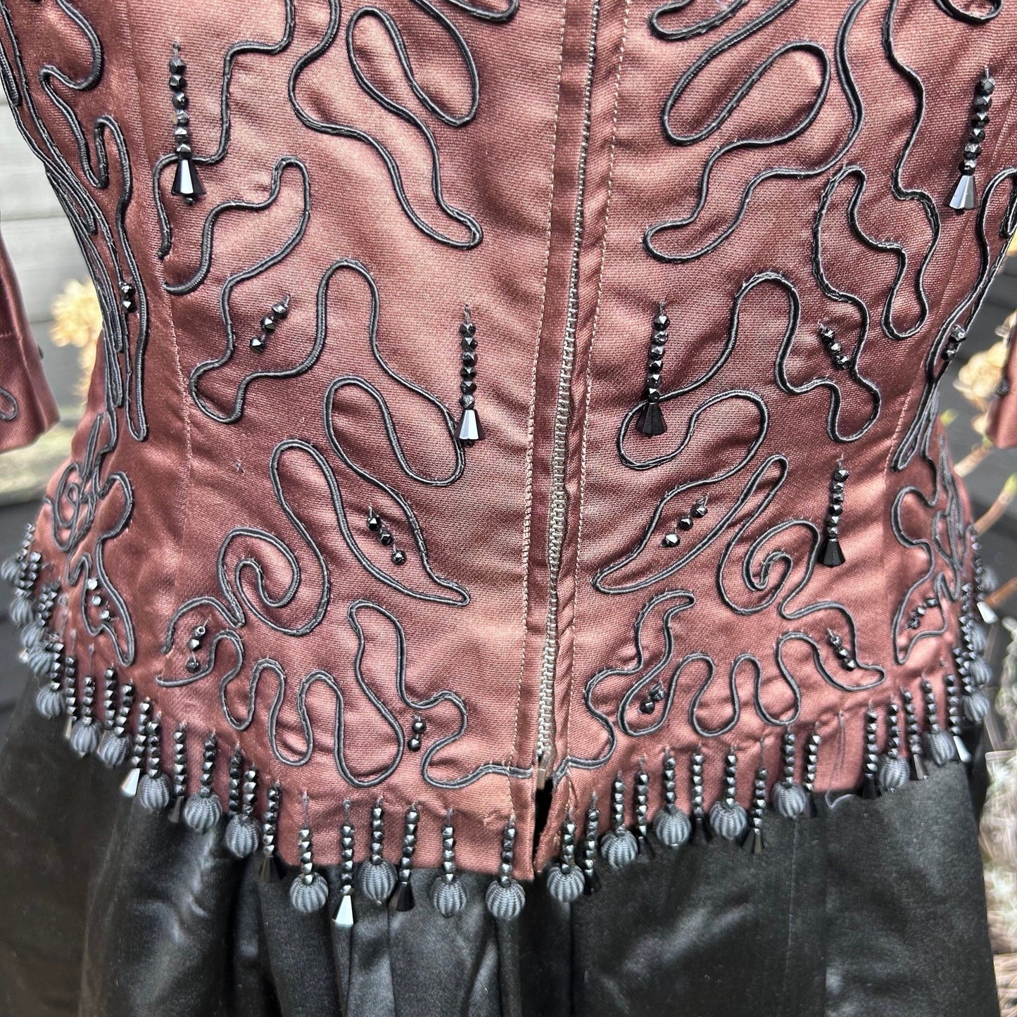 Back Zip view of Vintage satin bodice top in bronze/ brown with black glass beading - Splendid Vintage World