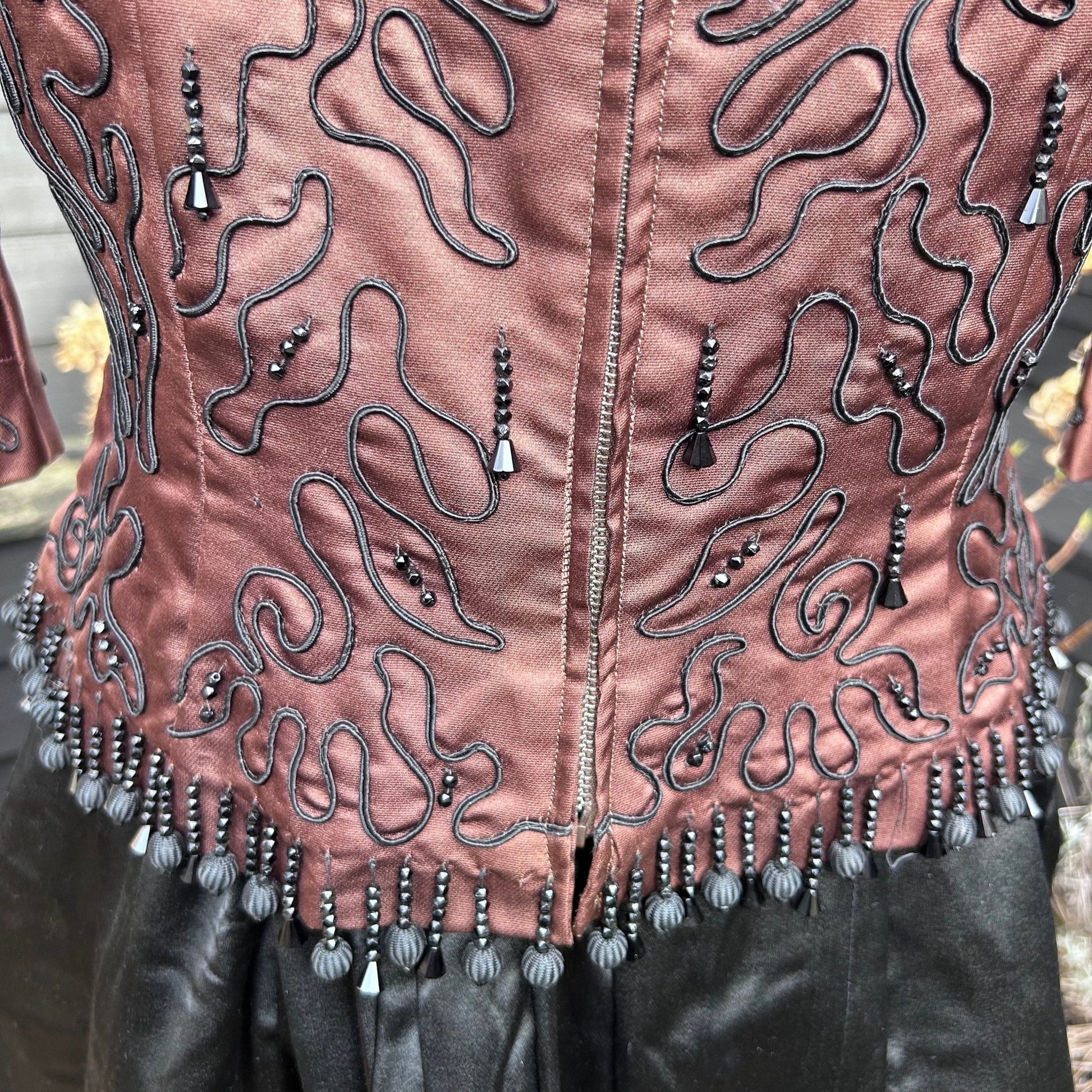 Back Zip view of Vintage satin bodice top in bronze/ brown with black glass beading - Splendid Vintage World