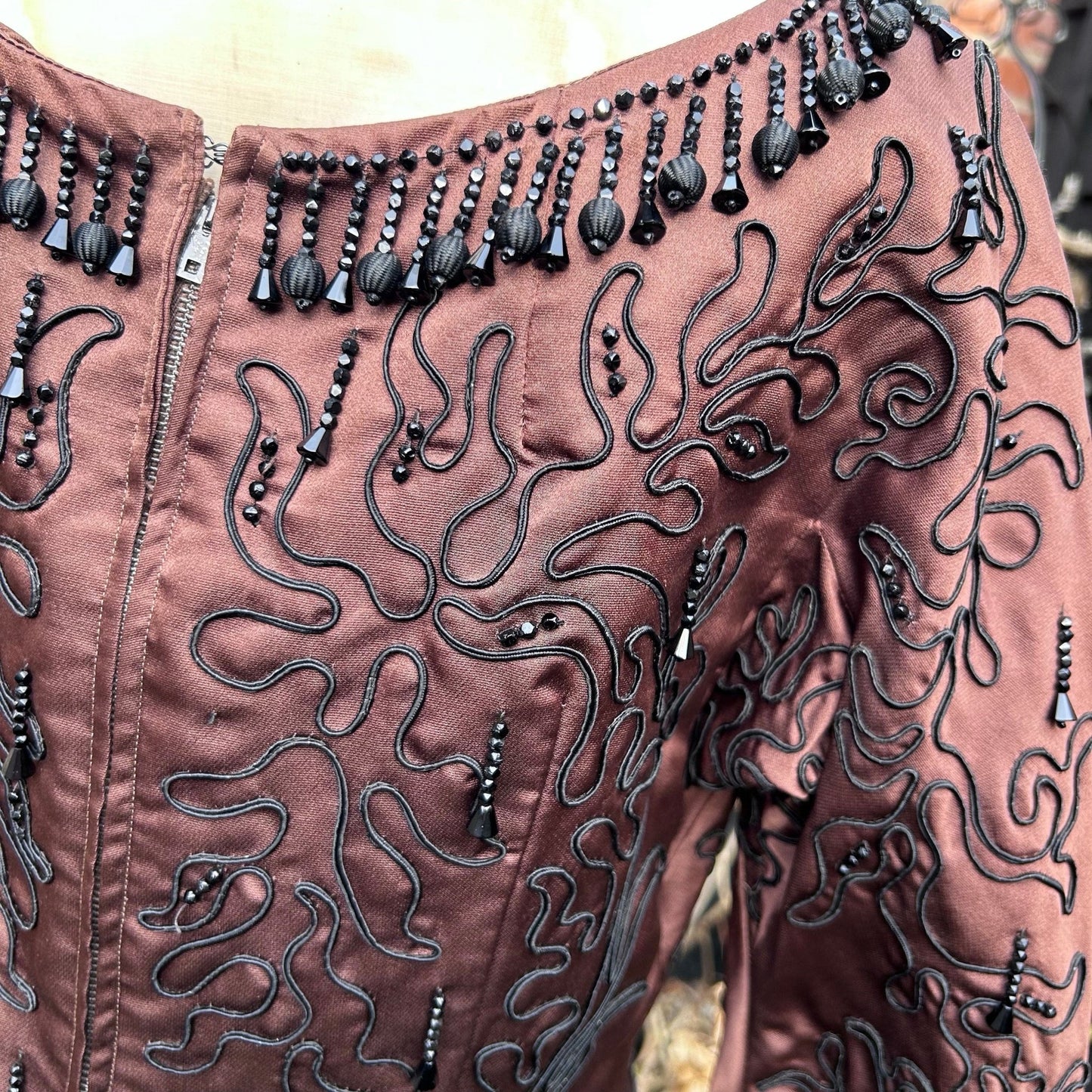 Vintage satin bodice top in bronze/ brown with all over black glass beading and bead droplets - Splendid Vintage World